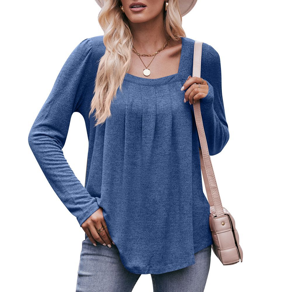 Women's Puff Sleeve Pleated Square Neck Long Sleeve Top
