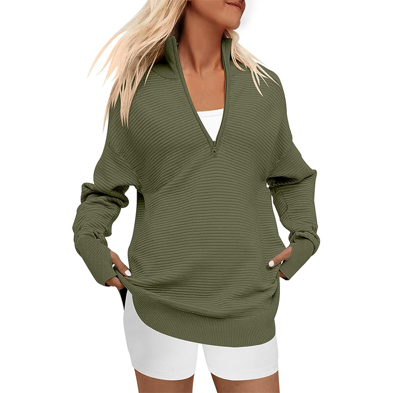 Women's Long Sleeve Half Zip Oversized Ribbed Knit Pullover Sweater（buy 2 free shipping）