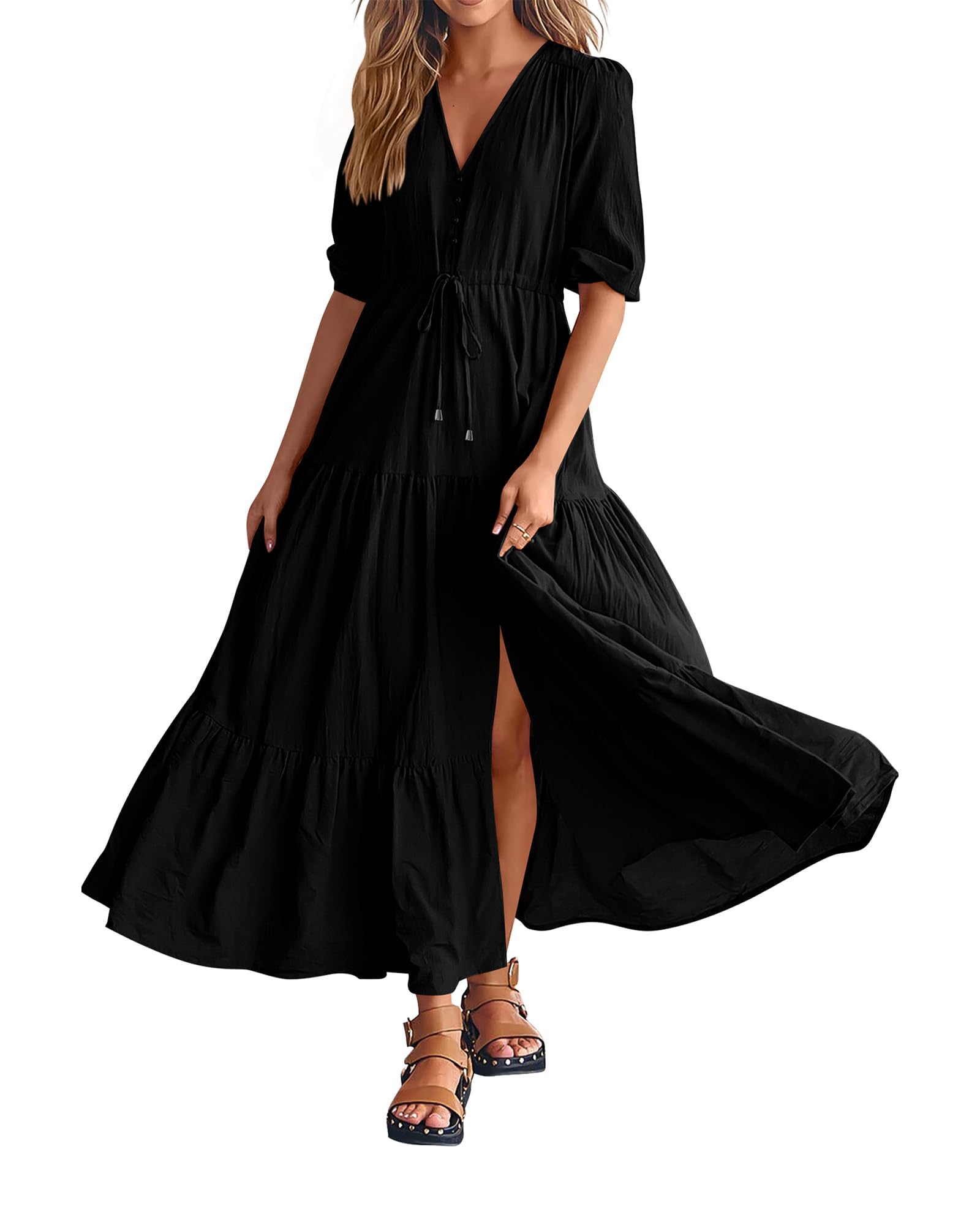 2024 Women's Short Sleeves V Neck Button Drawstring Boho Long Dresses（BUY 2 FREE SHIPPING）