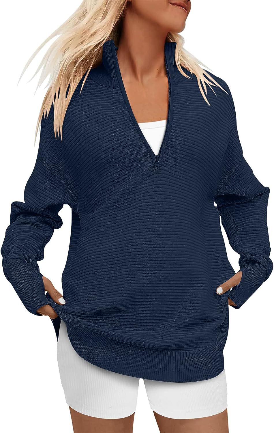 Women's Long Sleeve Half Zip Oversized Ribbed Knit Pullover Sweater（buy 2 free shipping）