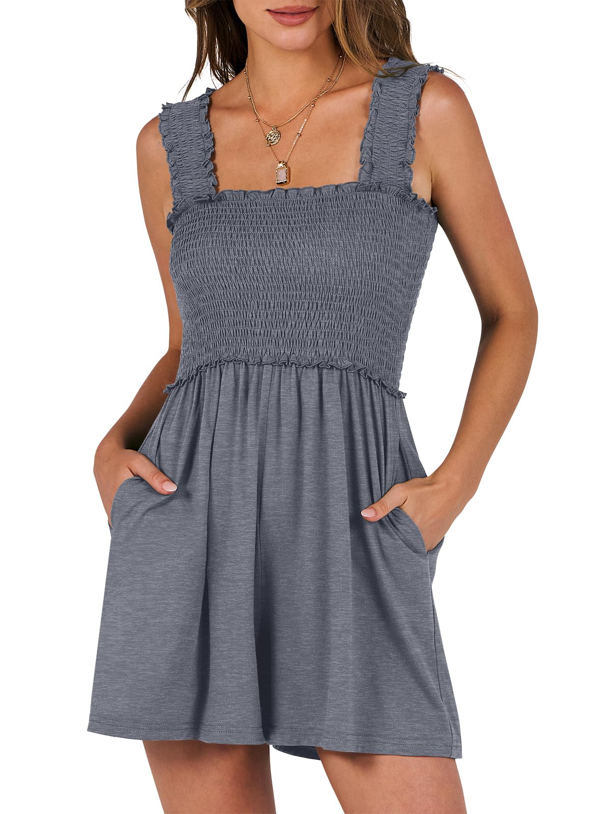 ⏰Hot Sale-Women's Square Neck Sleeveless Summer Rompers with Pockets (Buy 2 Free Shipping)