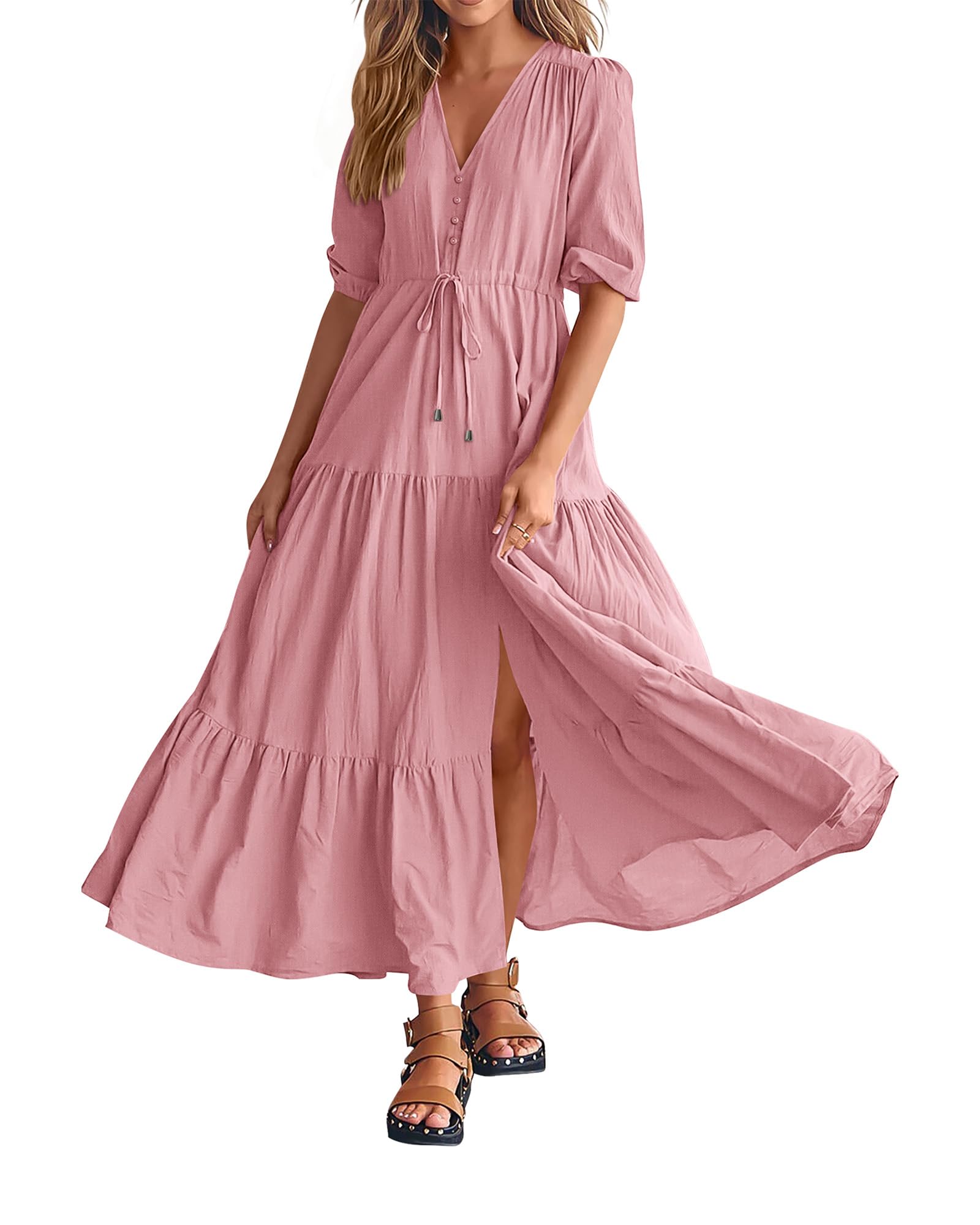 2024 Women's Short Sleeves V Neck Button Drawstring Boho Long Dresses（BUY 2 FREE SHIPPING）