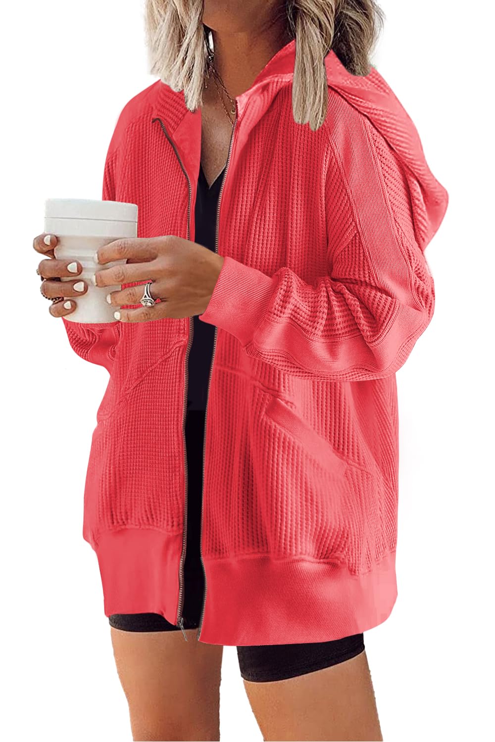 Women's Oversized Waffle Knit Zip Up Hoodie Jacket(Last day 40% OFF!!)