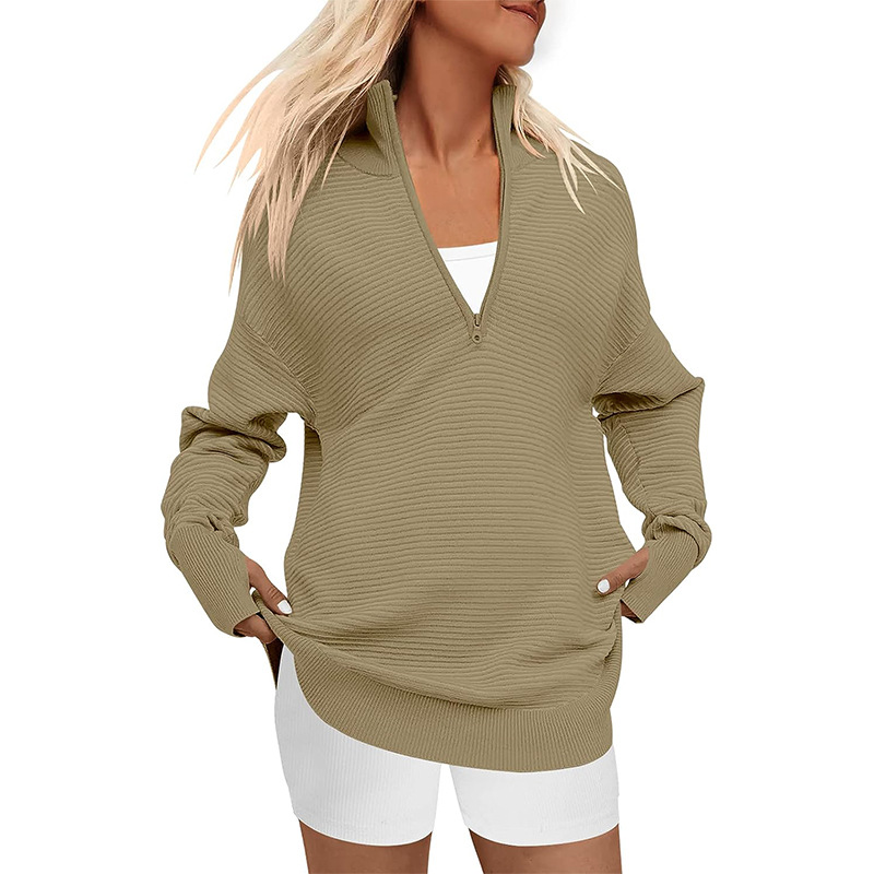 Women's Long Sleeve Half Zip Oversized Ribbed Knit Pullover Sweater（buy 2 free shipping）