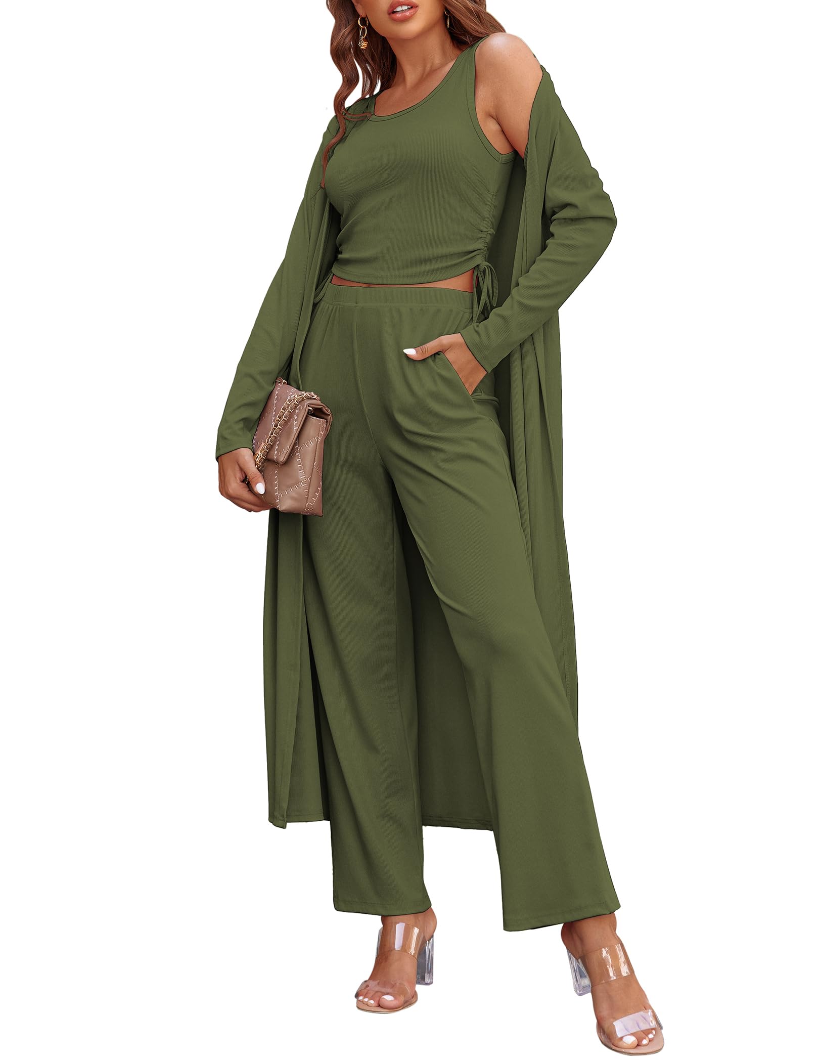 Women's 3 Piece Knit Lounge Set Pajama Long Sleeve Cardigan Sleeveless Top Pants Sweatsuit(Last day 50% OFF!!!)