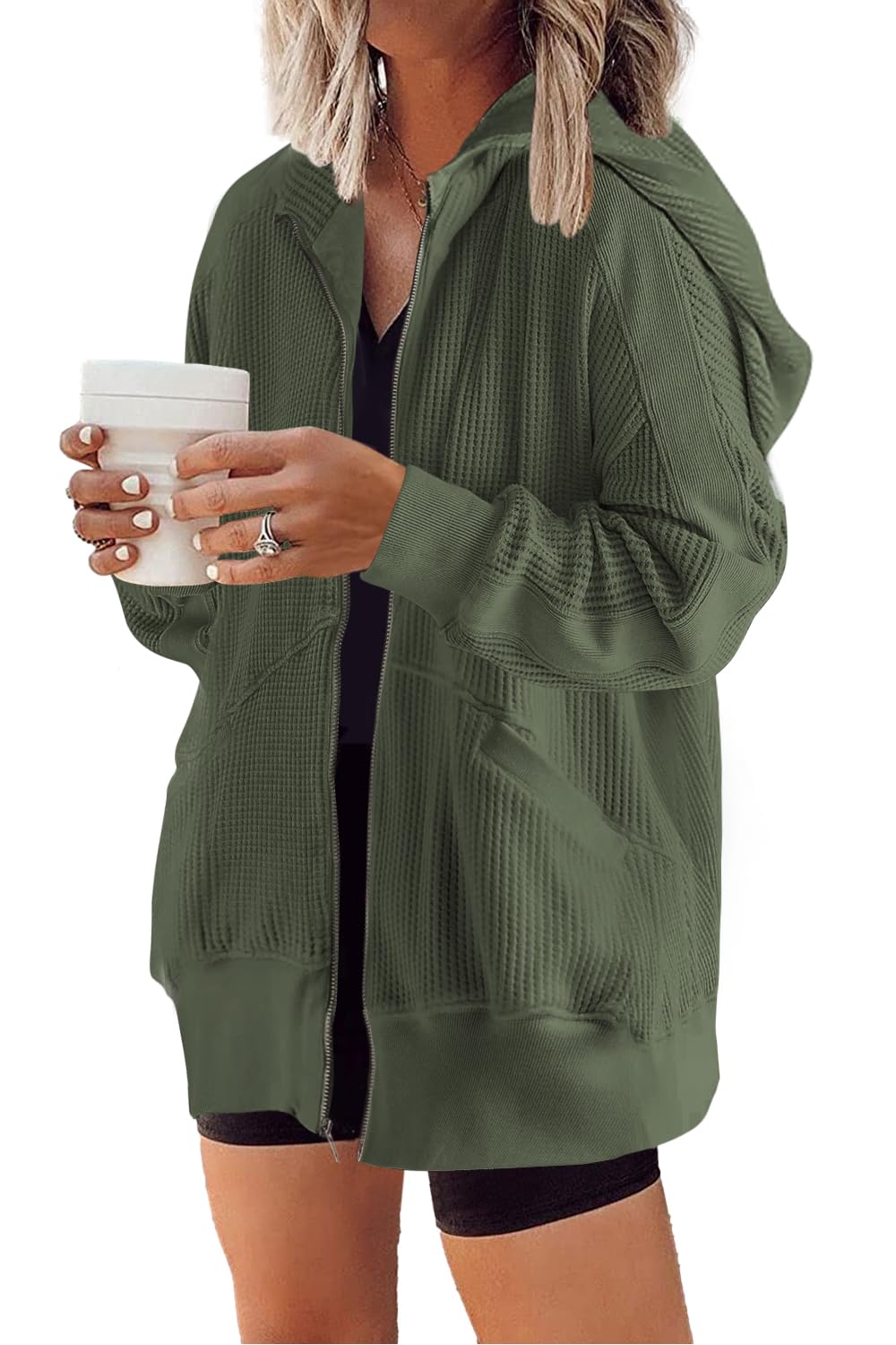 Women's Oversized Waffle Knit Zip Up Hoodie Jacket(Last day 40% OFF!!)