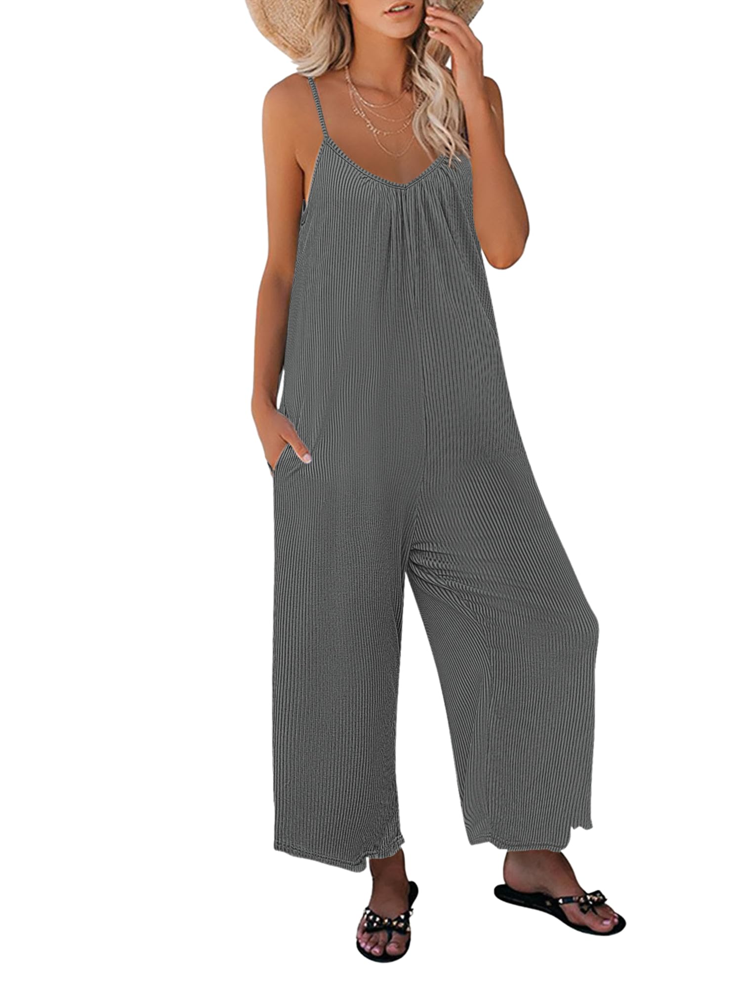 Women Jumpsuits Knit Ribbed Loose Long/shorts Romper with Pockets（BUY 2 FREE SHIPPING）