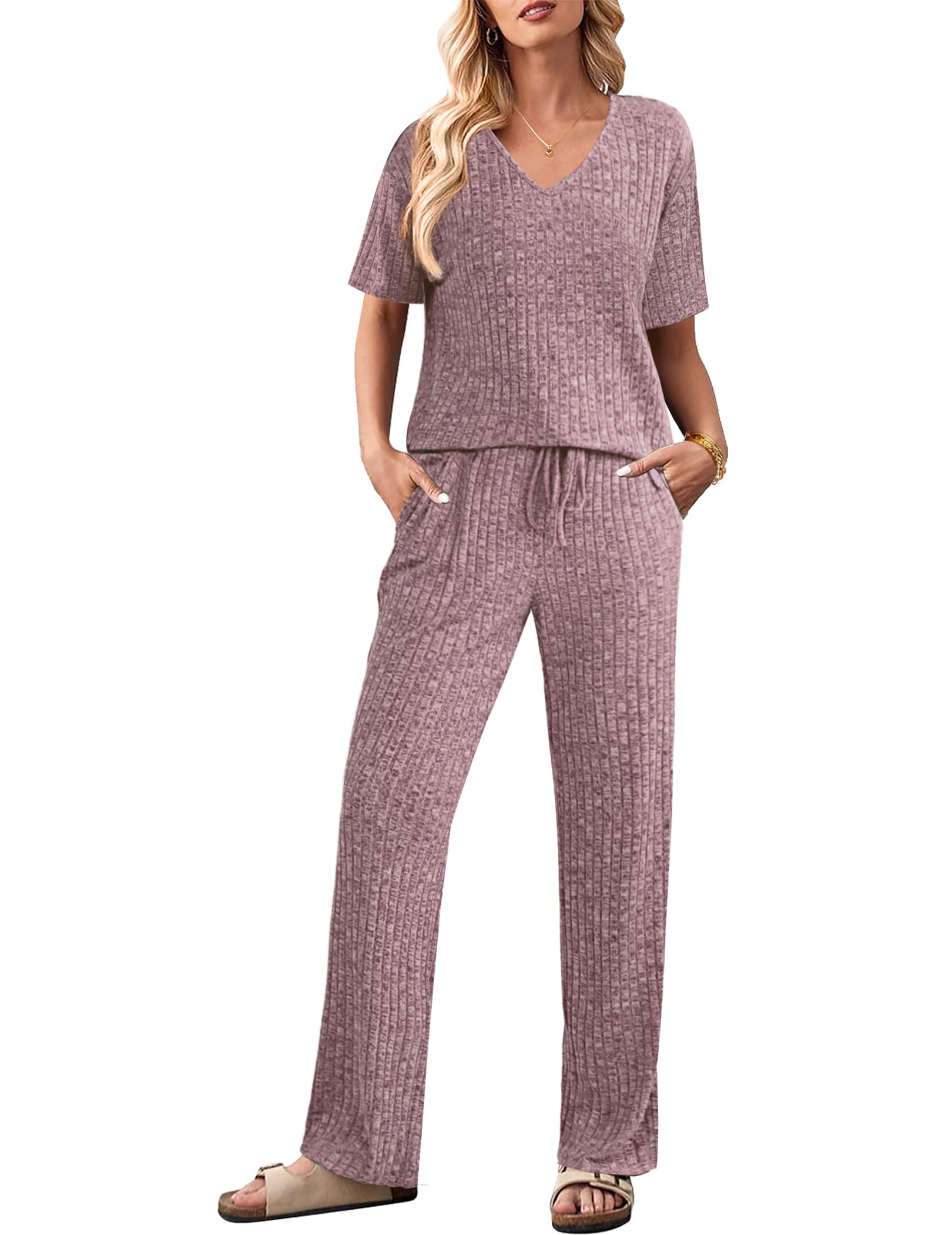 🔥Christmas hot🔥Women's Short Sleeve Ribbed Knit Lounge Set(Last day 50% OFF!!!)