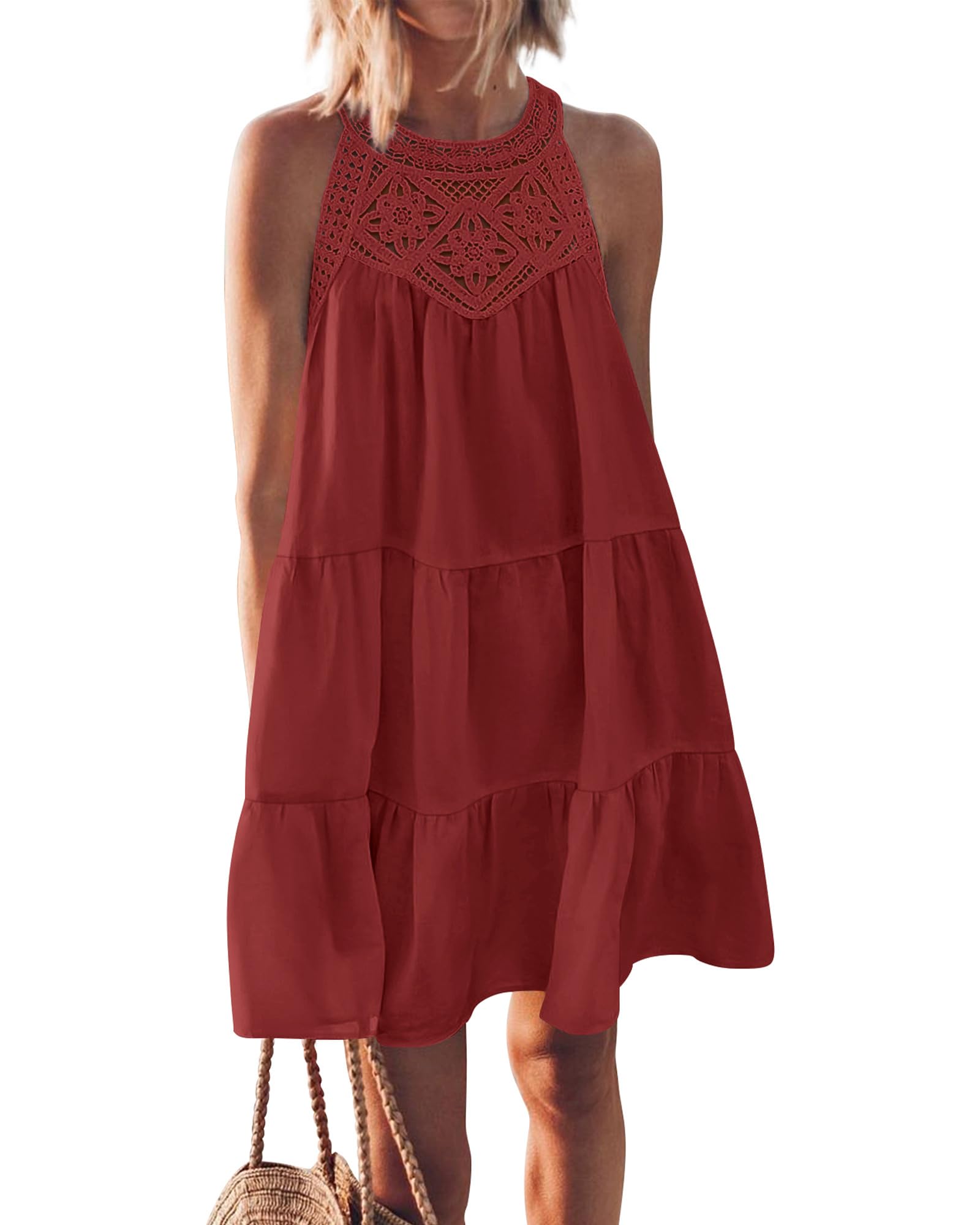 2024 New Women's Hollow Out Halter Sleeveless Tiered Swing Dress(Buy 2 10% OFF)