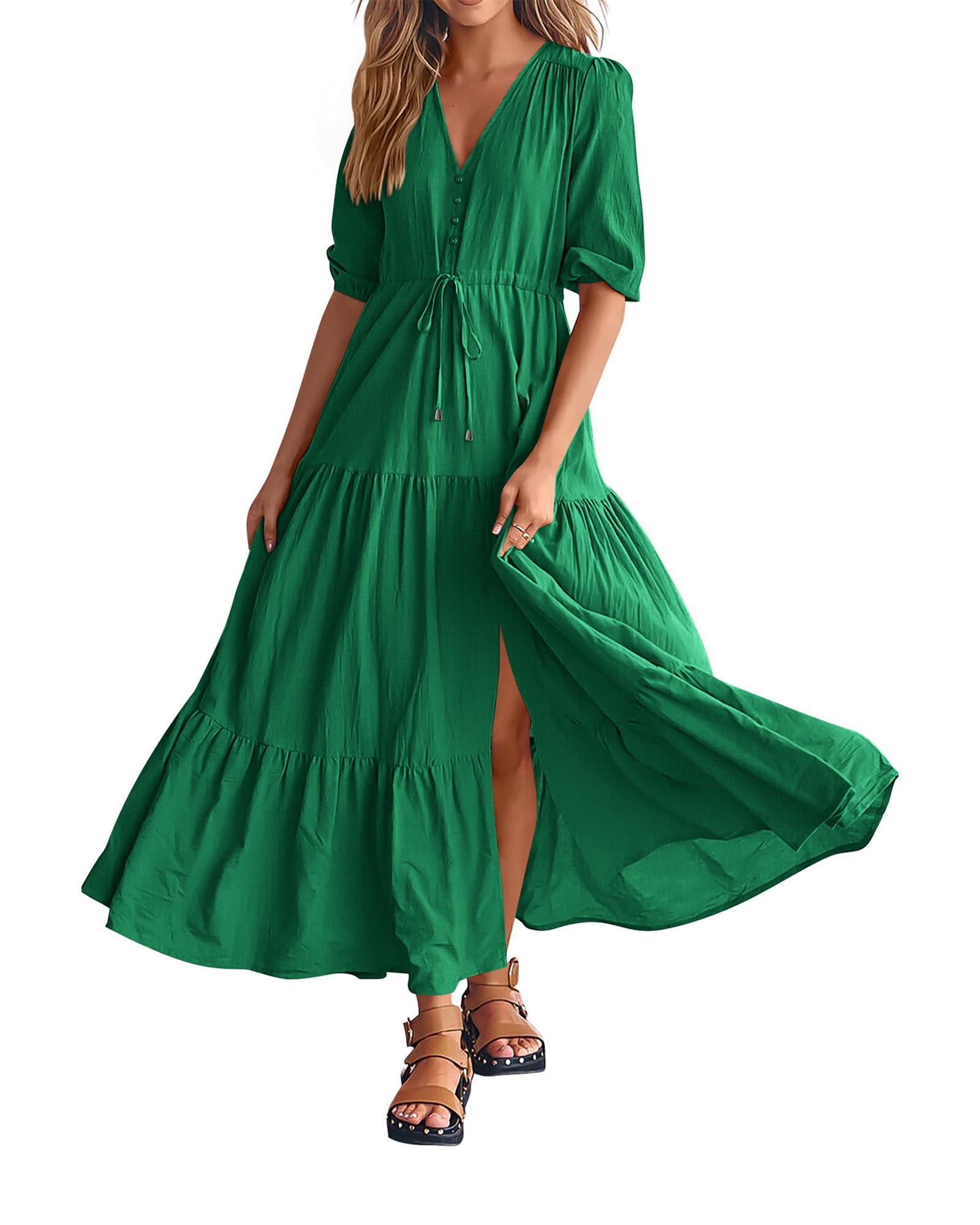 2024 Women's Short Sleeves V Neck Button Drawstring Boho Long Dresses（BUY 2 FREE SHIPPING）