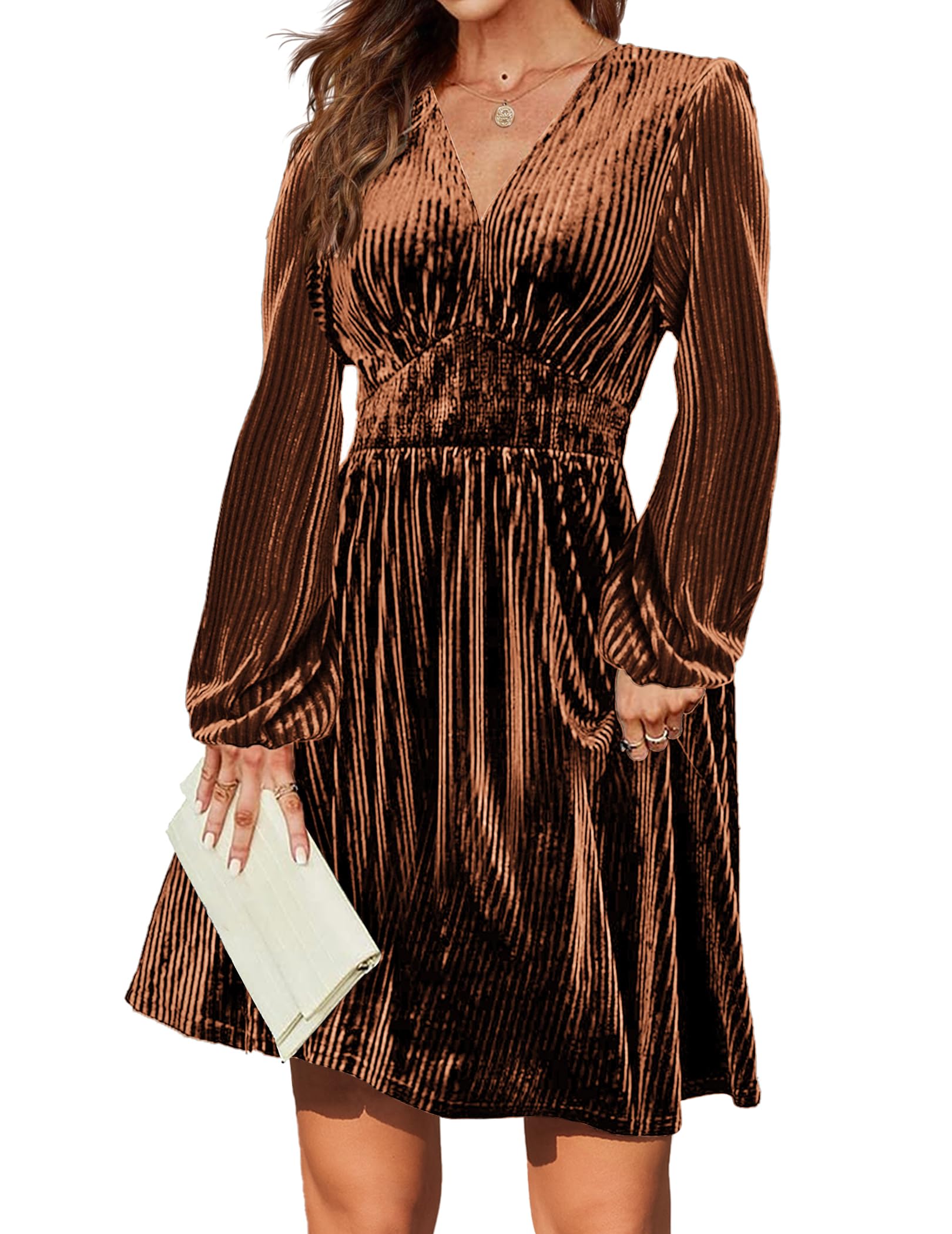 Women's Velvet V-neck Long Sleeve Stretch Mini Party Cocktail Flared Dress(buy 2 10% OFF)