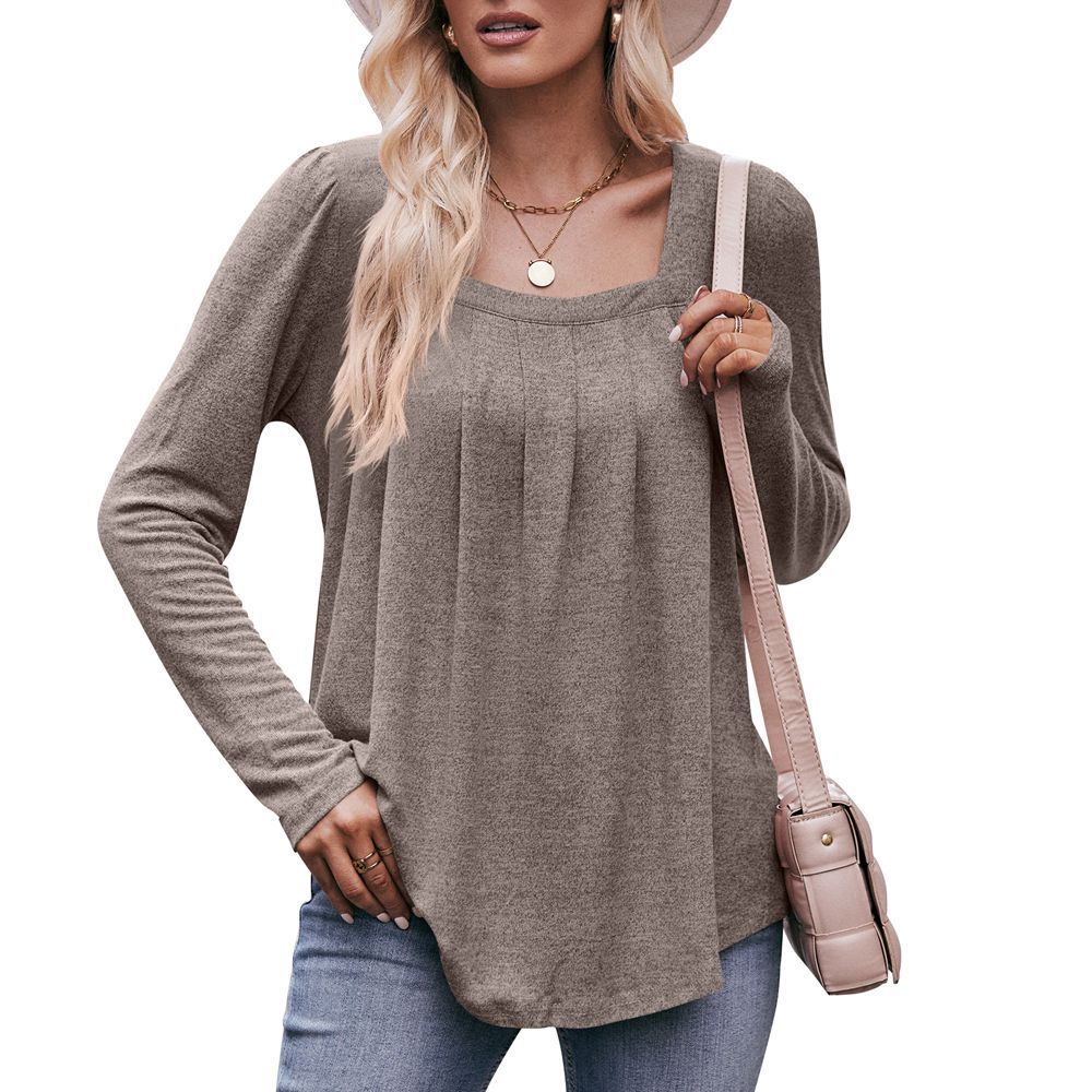 Women's Puff Sleeve Pleated Square Neck Long Sleeve Top