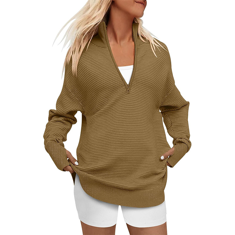 Women's Long Sleeve Half Zip Oversized Ribbed Knit Pullover Sweater（buy 2 free shipping）