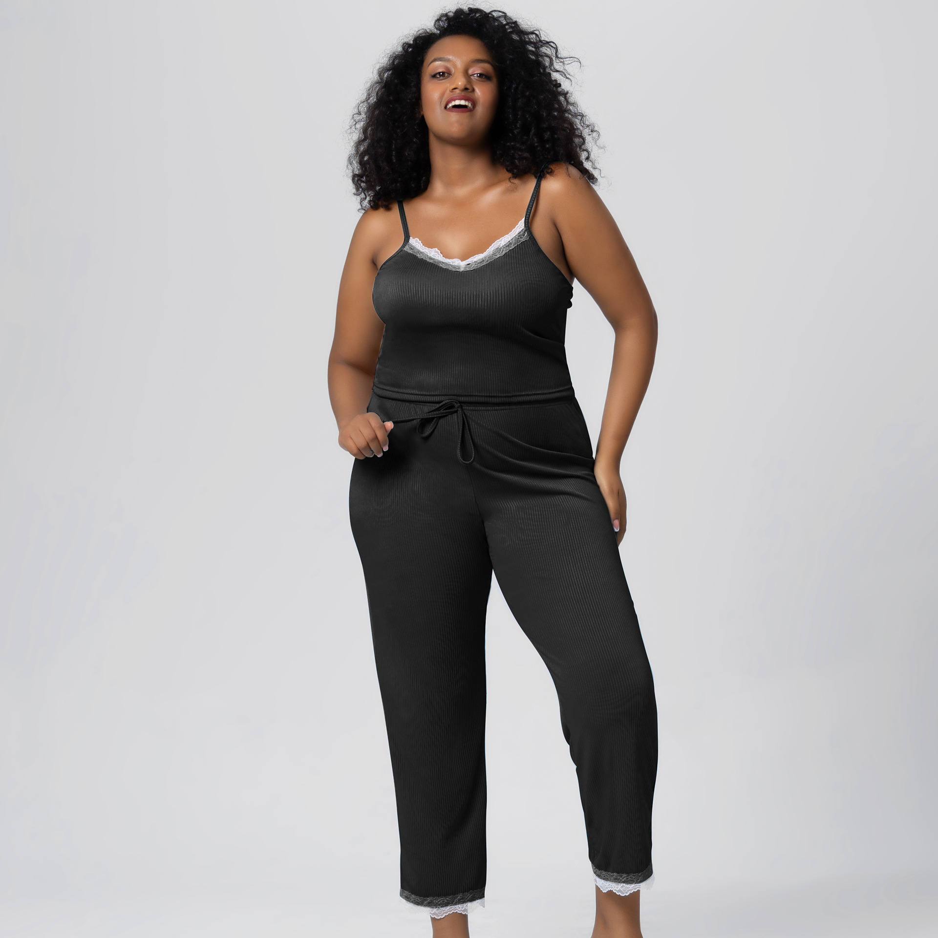 Draped Cool Lace Trim Suspenders Set Long & Short Pants