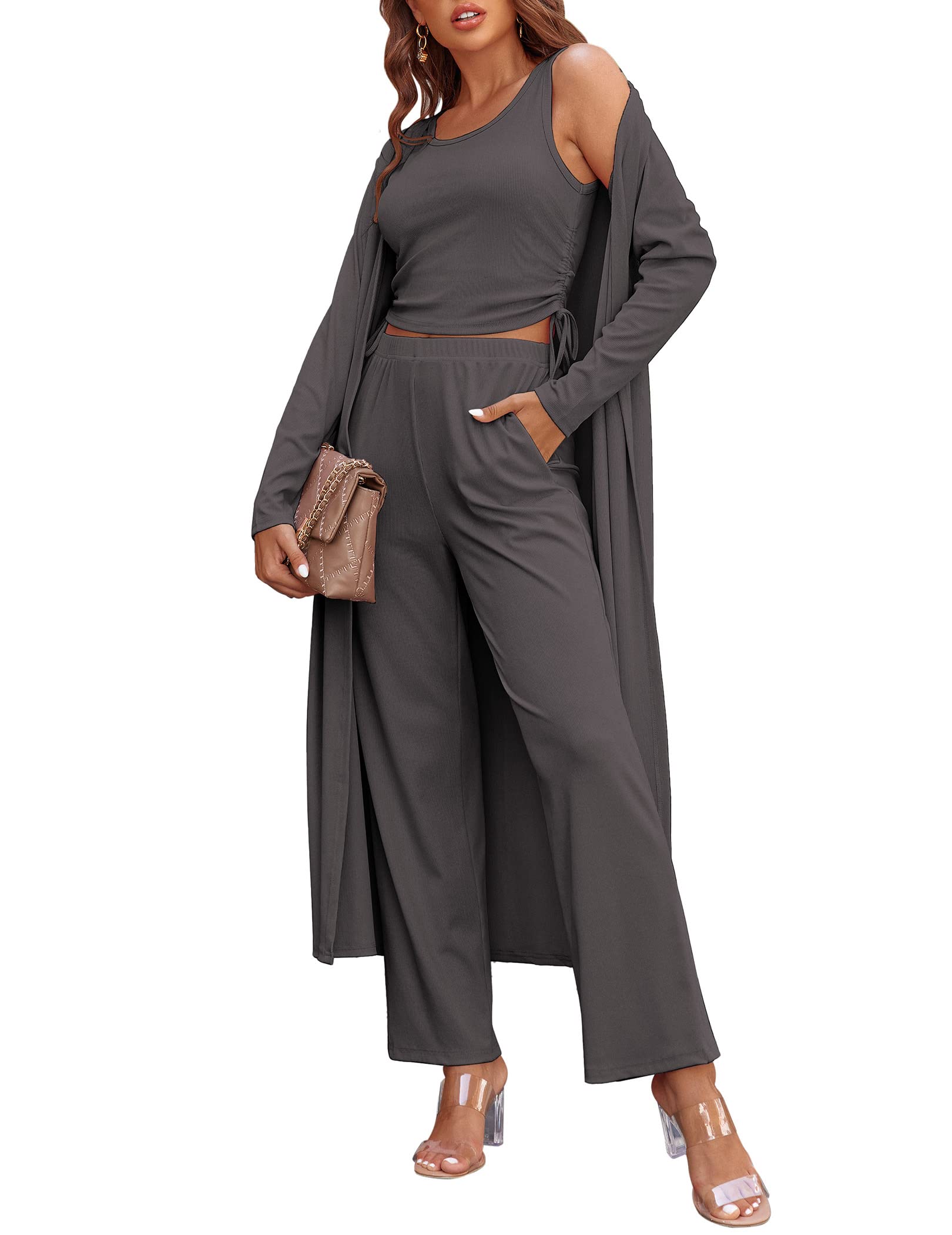 Women's 3 Piece Knit Lounge Set Pajama Long Sleeve Cardigan Sleeveless Top Pants Sweatsuit(Last day 50% OFF!!!)