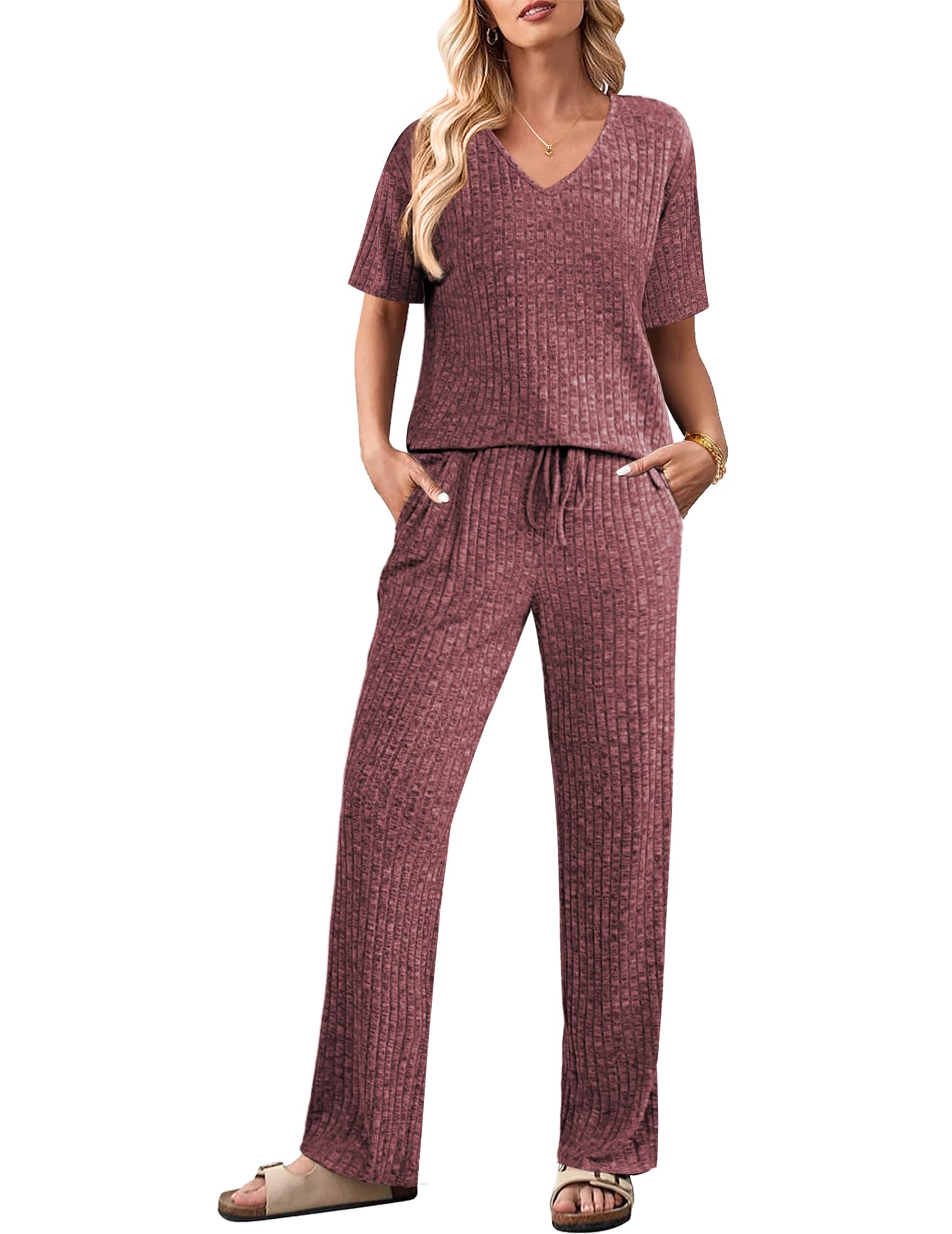 🔥Christmas hot🔥Women's Short Sleeve Ribbed Knit Lounge Set(Last day 50% OFF!!!)