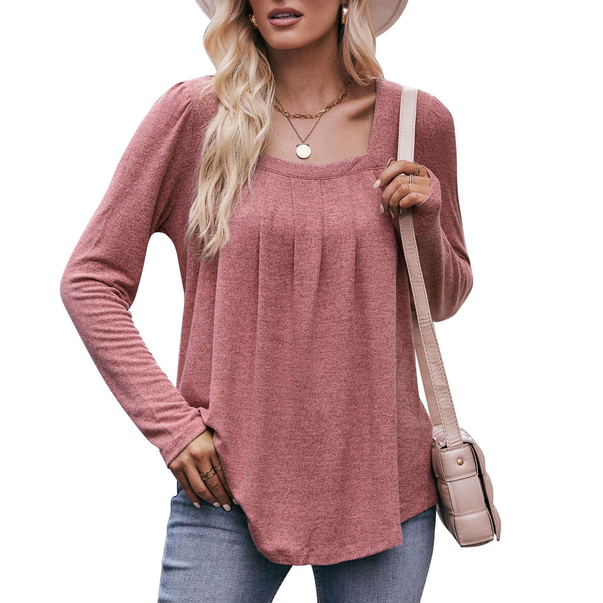 Women's Puff Sleeve Pleated Square Neck Long Sleeve Top
