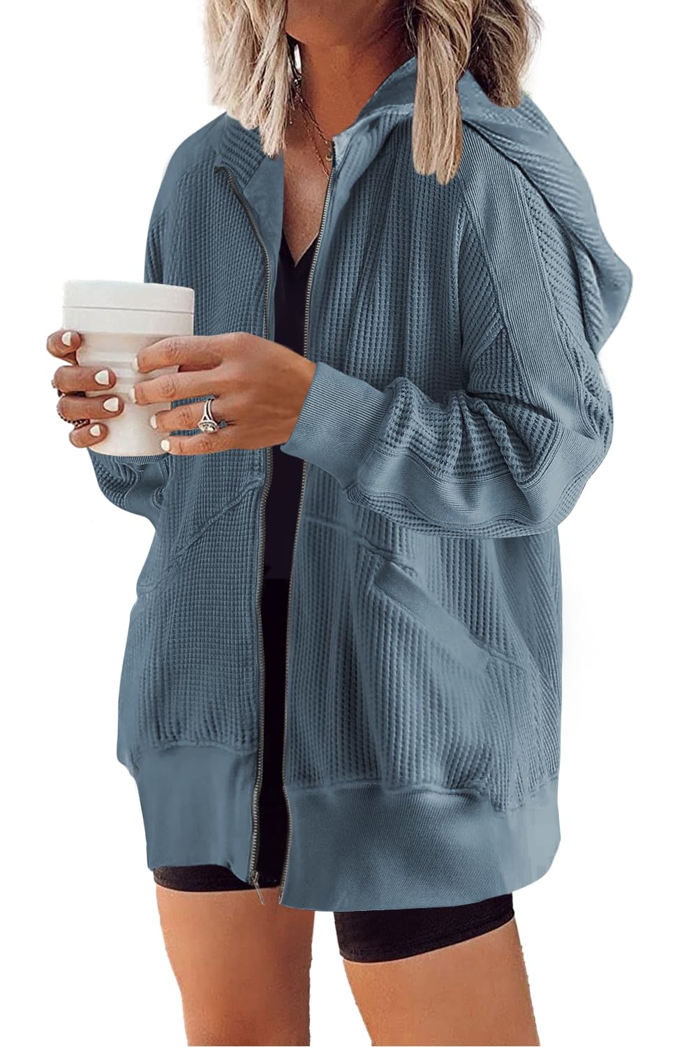 Women's Oversized Waffle Knit Zip Up Hoodie Jacket(Last day 40% OFF!!)