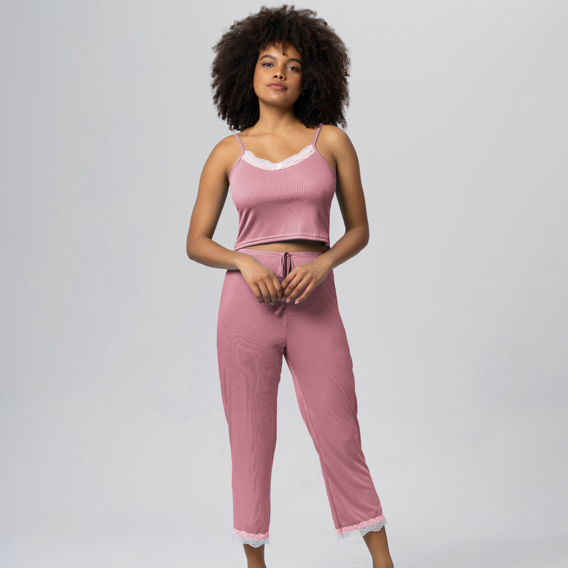Draped Cool Lace Trim Suspenders Set Long & Short Pants