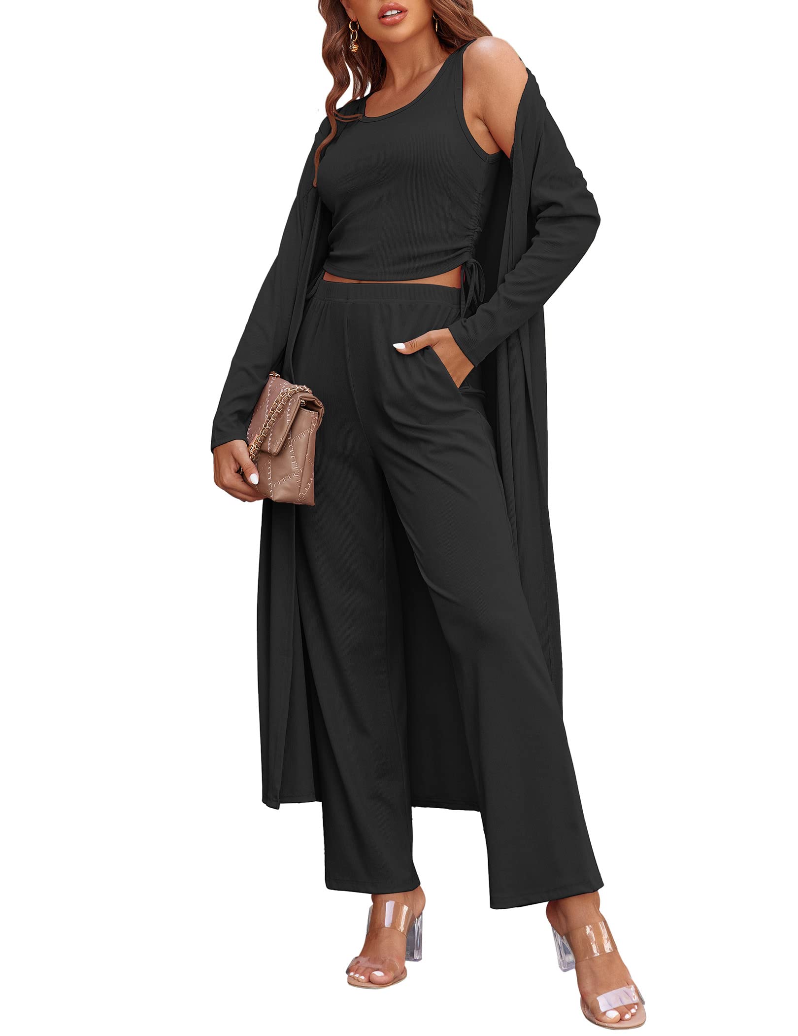 Women's 3 Piece Knit Lounge Set Pajama Long Sleeve Cardigan Sleeveless Top Pants Sweatsuit(Last day 50% OFF!!!)