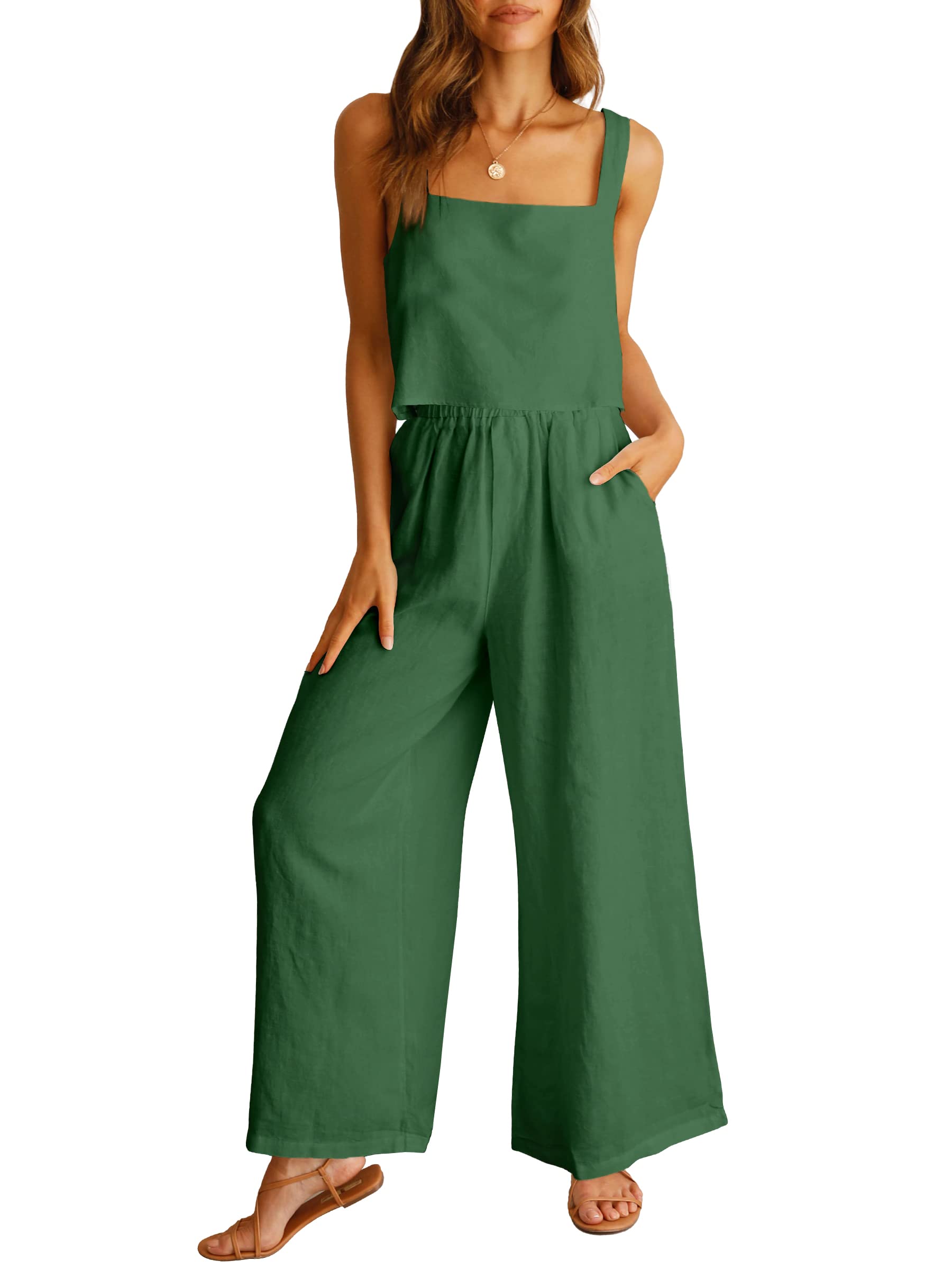 HOT SALE 🔥Women's 2 Piece Outfits Linen Tank Top Wide Leg Pants Lounge Set (BUY 2 FREE SHIPPING)