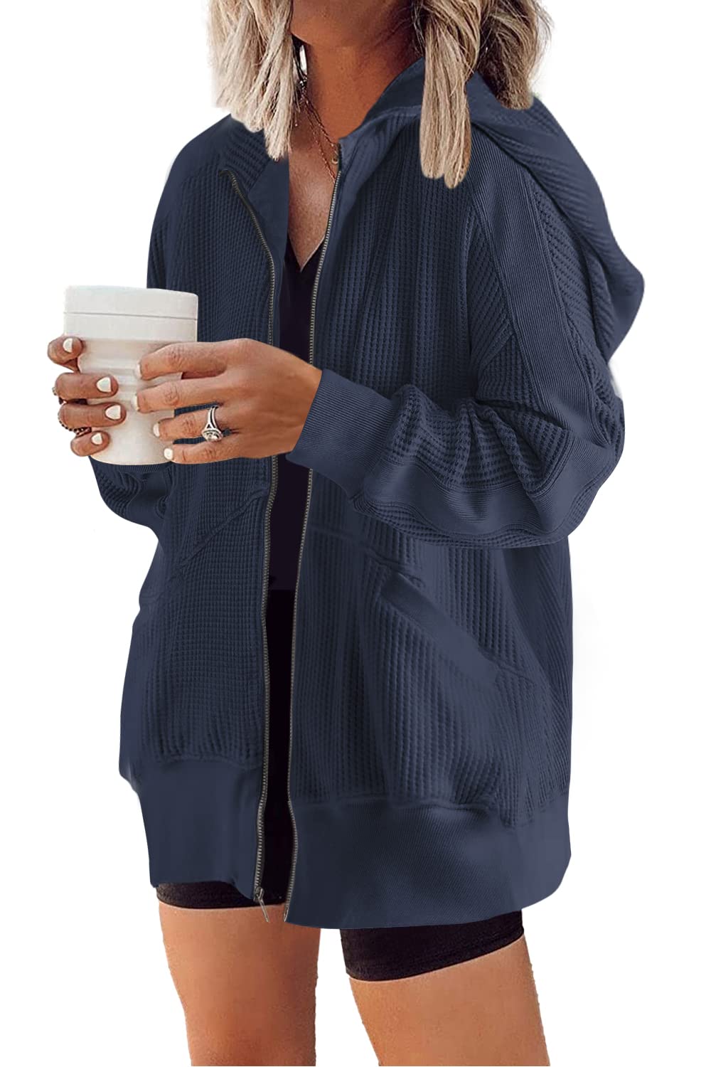 Women's Oversized Waffle Knit Zip Up Hoodie Jacket(Last day 40% OFF!!)