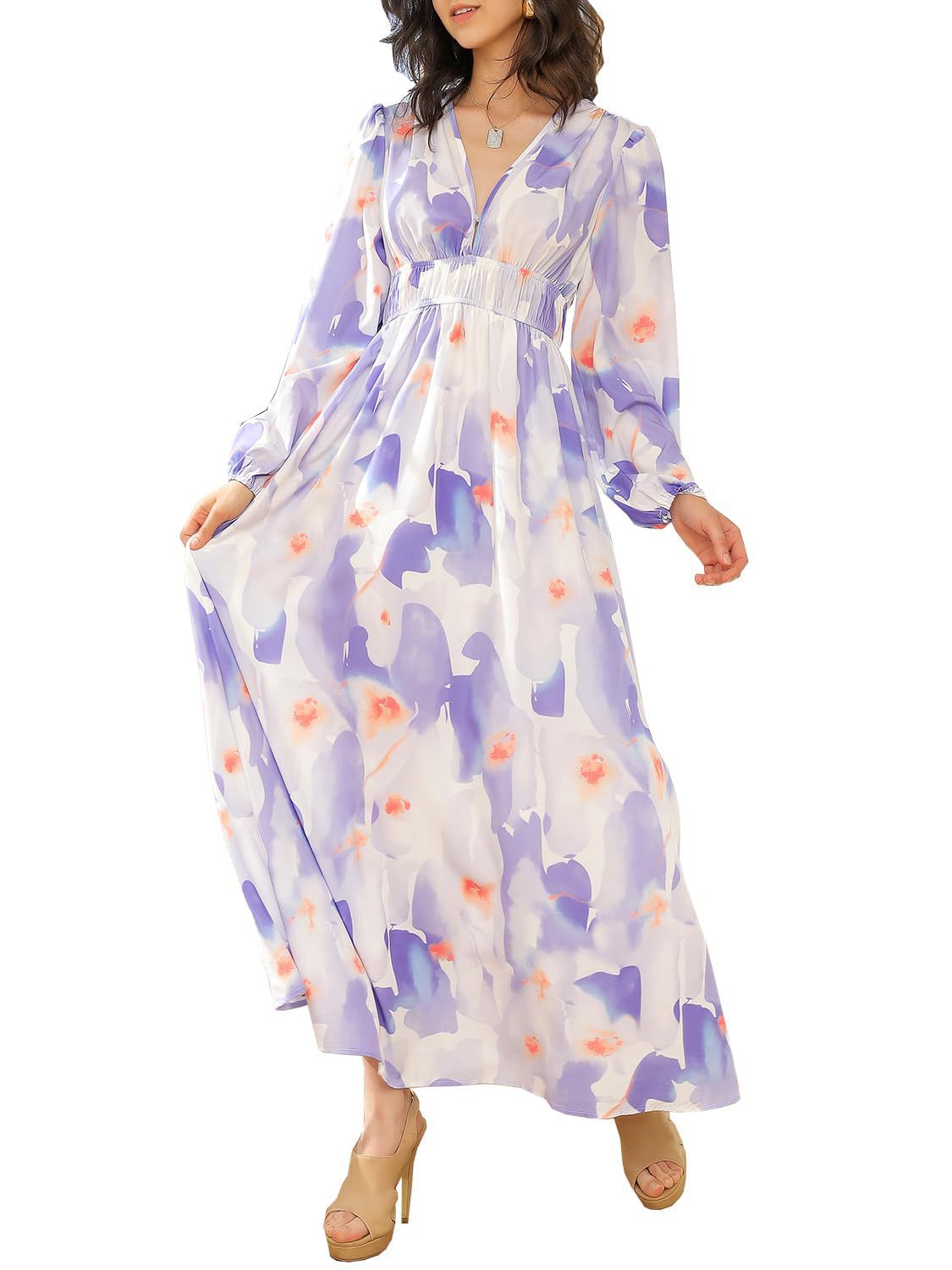 HOT SALE🔥Women's Long Sleeve Boho Floral Maxi Dress V Neck Casual Long Dress（BUY 2 FREE SHIPPING）