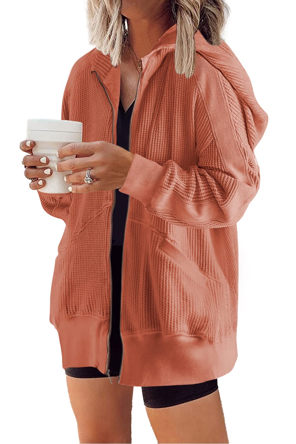 Women's Oversized Waffle Knit Zip Up Hoodie Jacket(Last day 40% OFF!!)