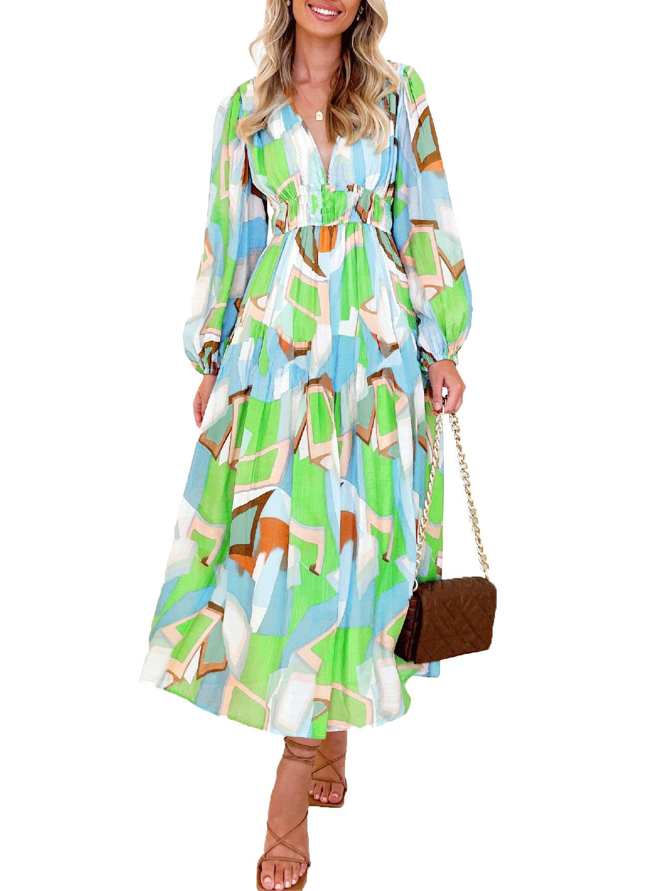 HOT SALE🔥Women's Long Sleeve Boho Floral Maxi Dress V Neck Casual Long Dress（BUY 2 FREE SHIPPING）