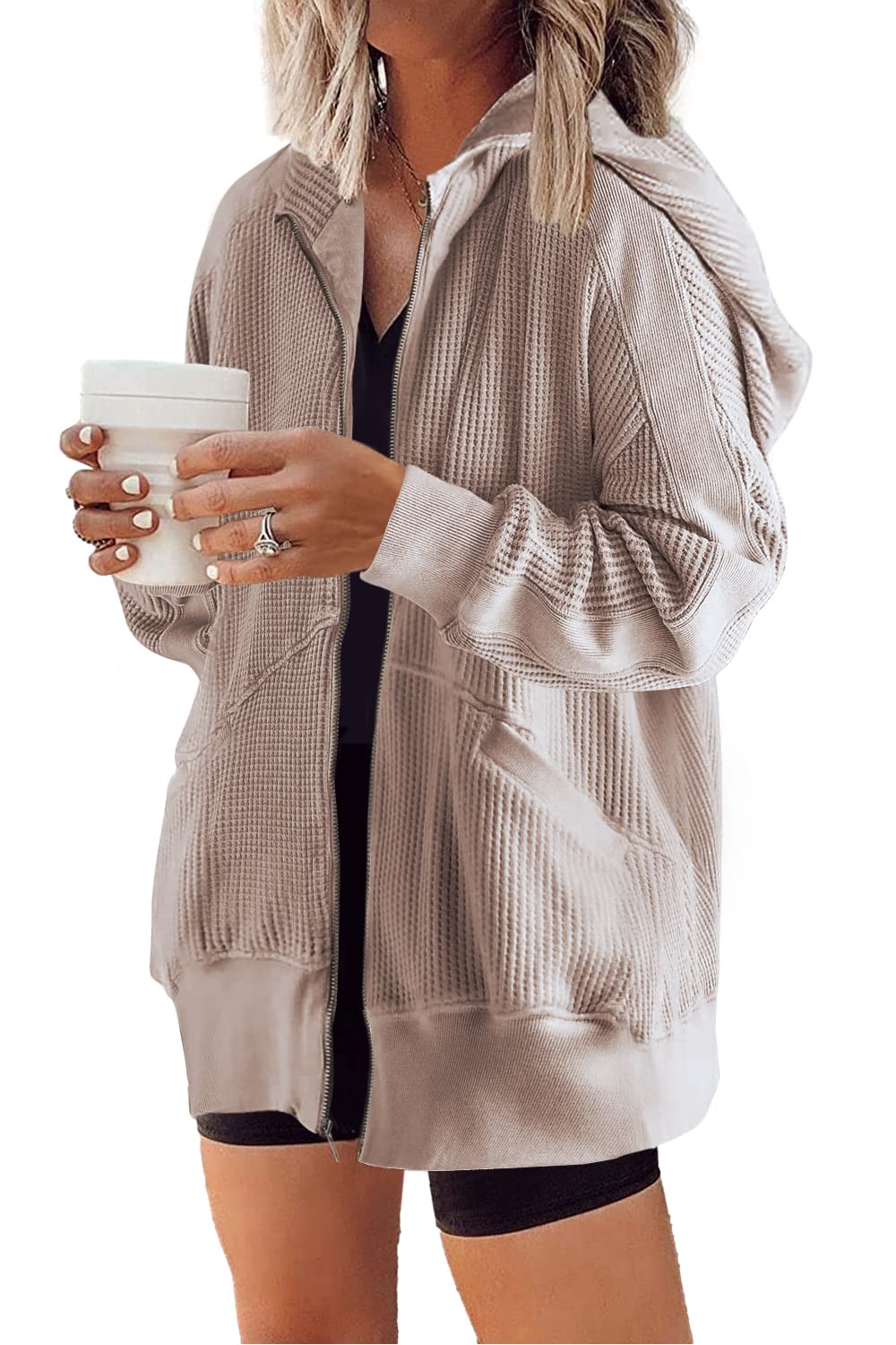 Women's Oversized Waffle Knit Zip Up Hoodie Jacket(Last day 40% OFF!!)