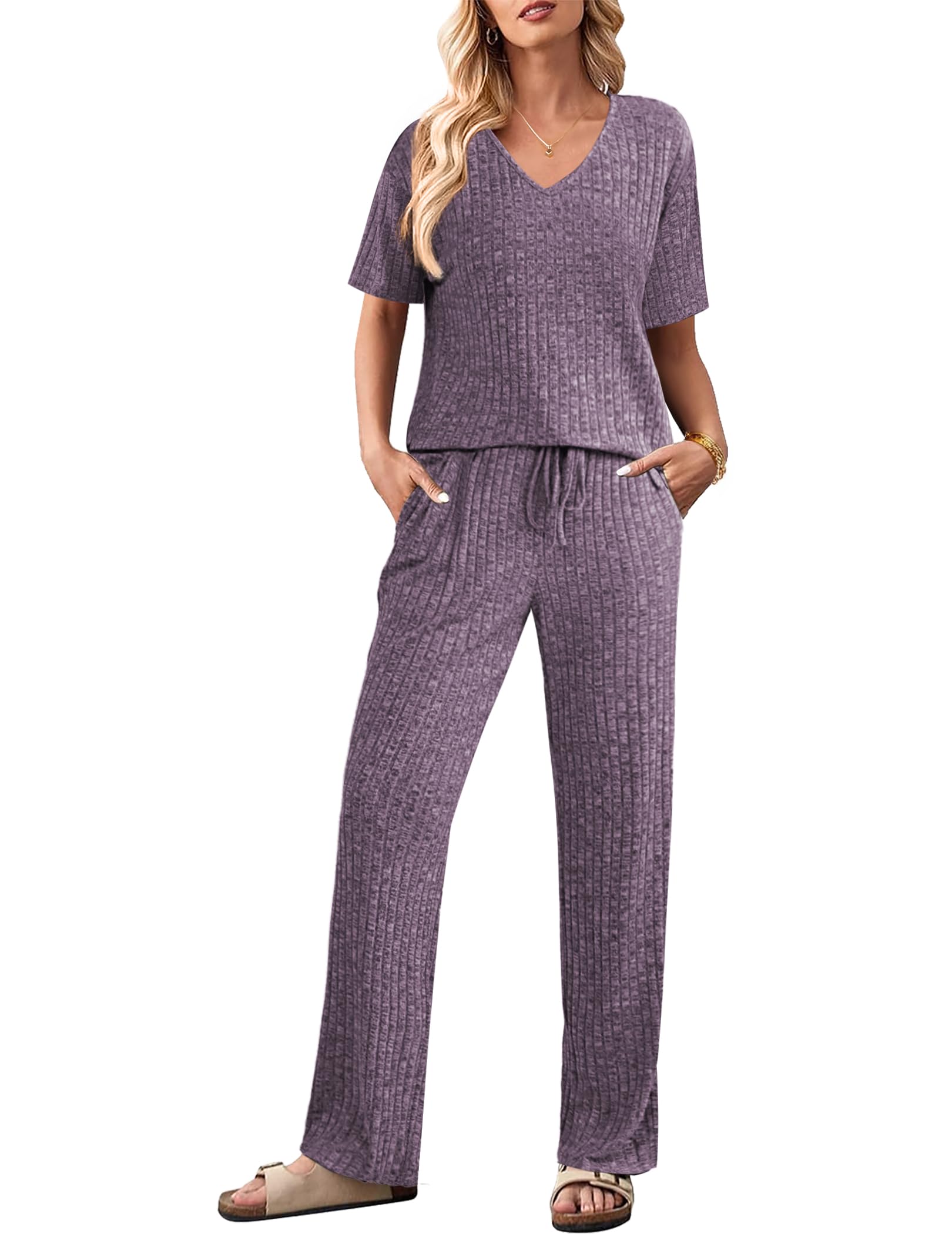 🔥Christmas hot🔥Women's Short Sleeve Ribbed Knit Lounge Set(Last day 50% OFF!!!)