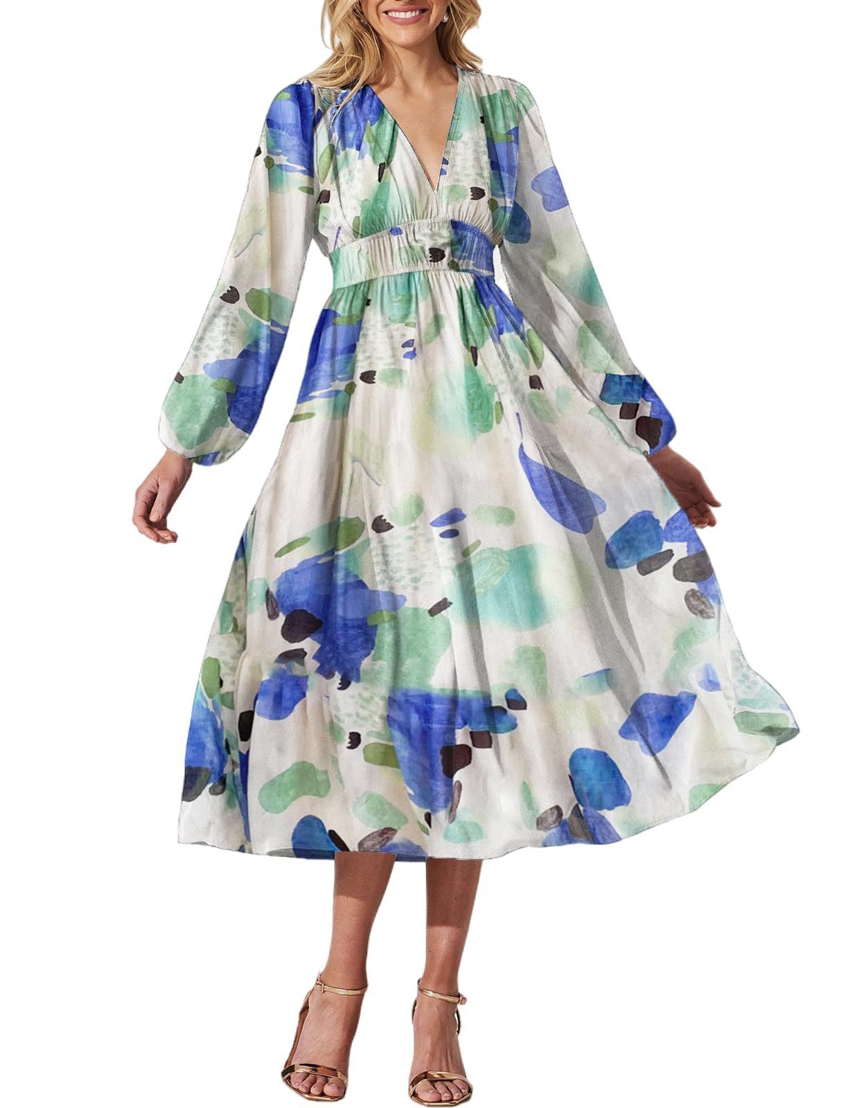 HOT SALE🔥Women's Long Sleeve Boho Floral Maxi Dress V Neck Casual Long Dress（BUY 2 FREE SHIPPING）