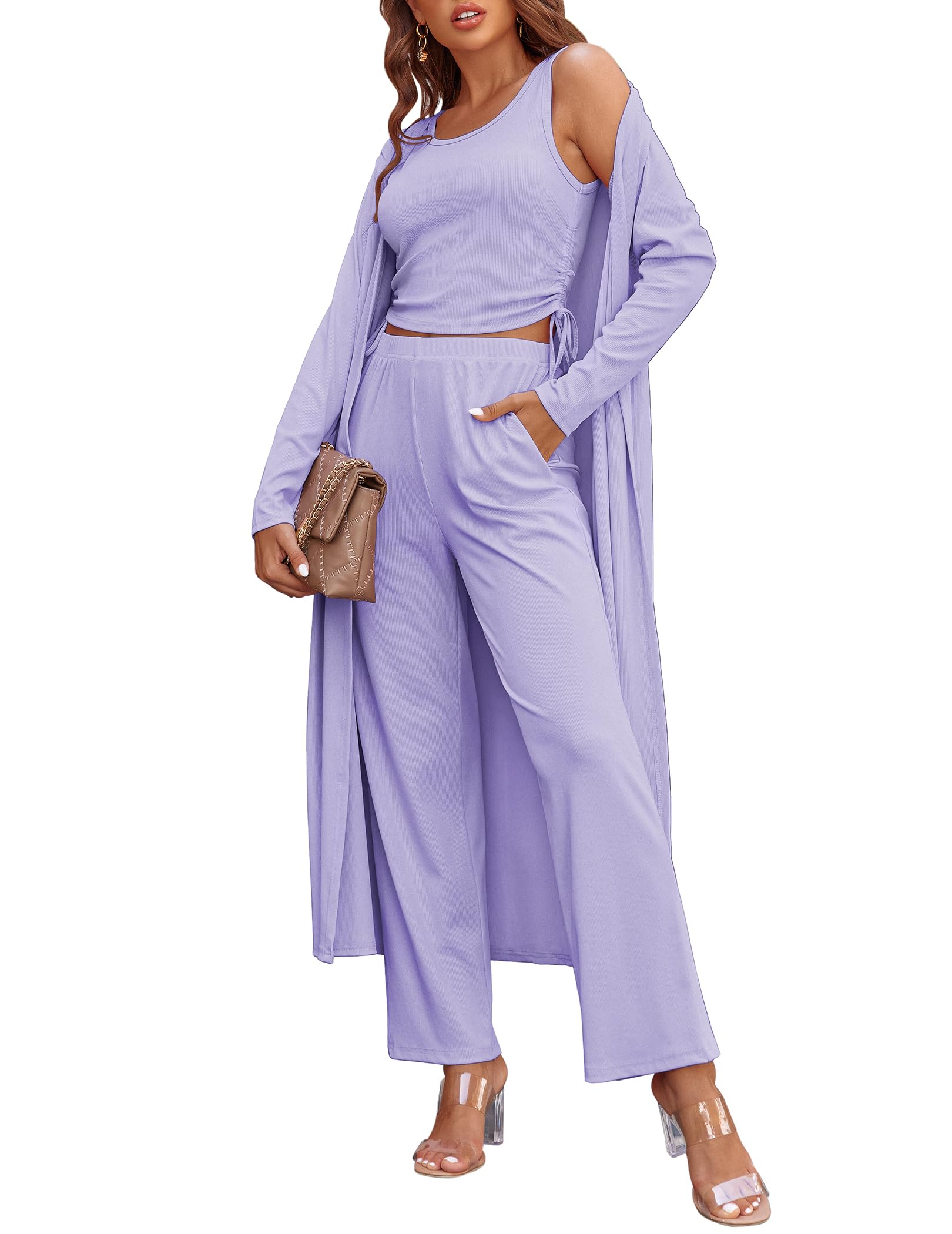 Women's 3 Piece Knit Lounge Set Pajama Long Sleeve Cardigan Sleeveless Top Pants Sweatsuit(Last day 50% OFF!!!)