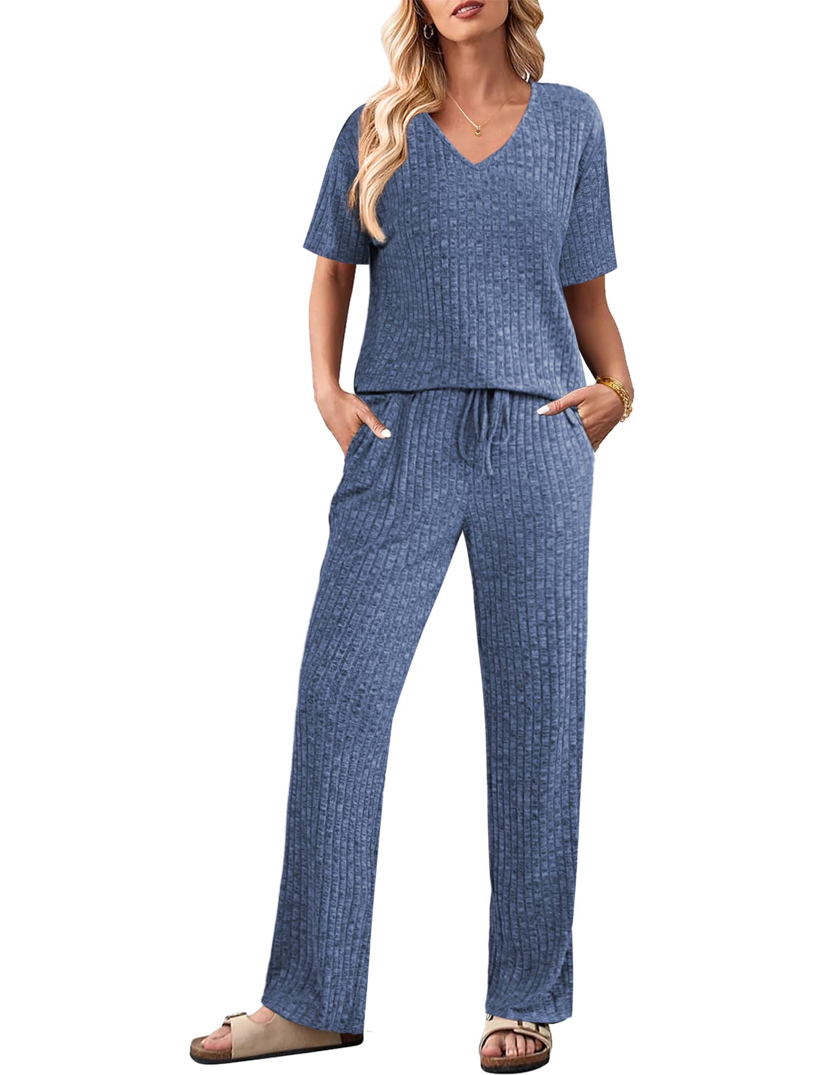 🔥Christmas hot🔥Women's Short Sleeve Ribbed Knit Lounge Set(Last day 50% OFF!!!)