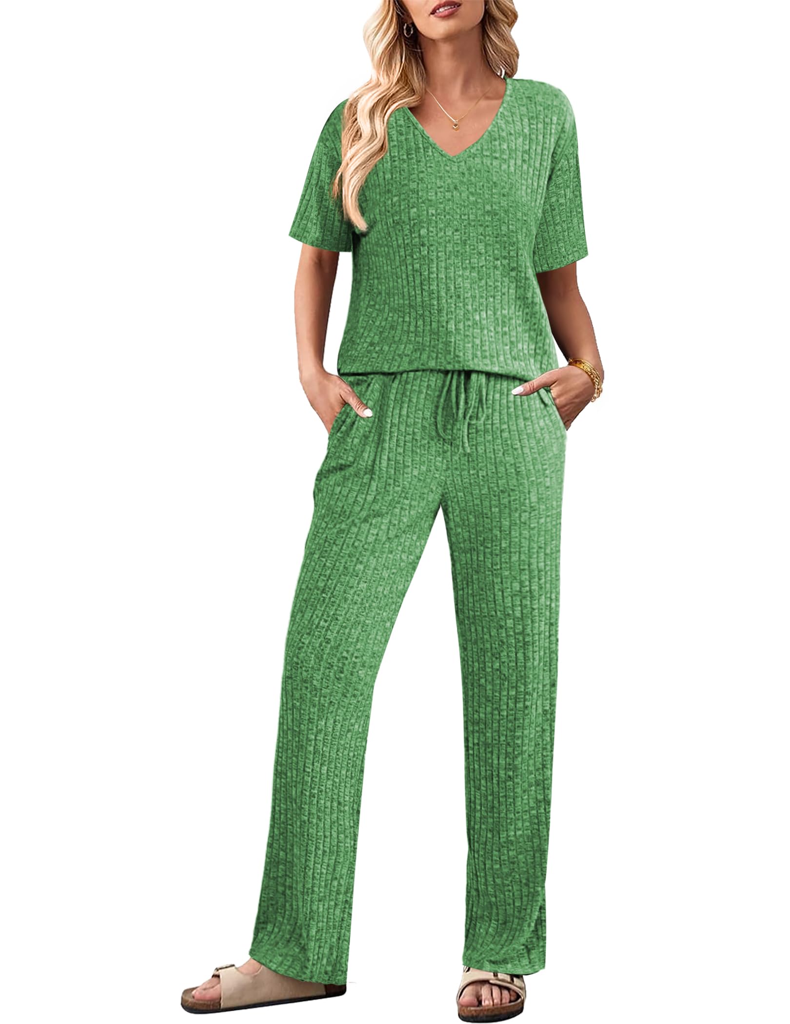 🔥Christmas hot🔥Women's Short Sleeve Ribbed Knit Lounge Set(Last day 50% OFF!!!)