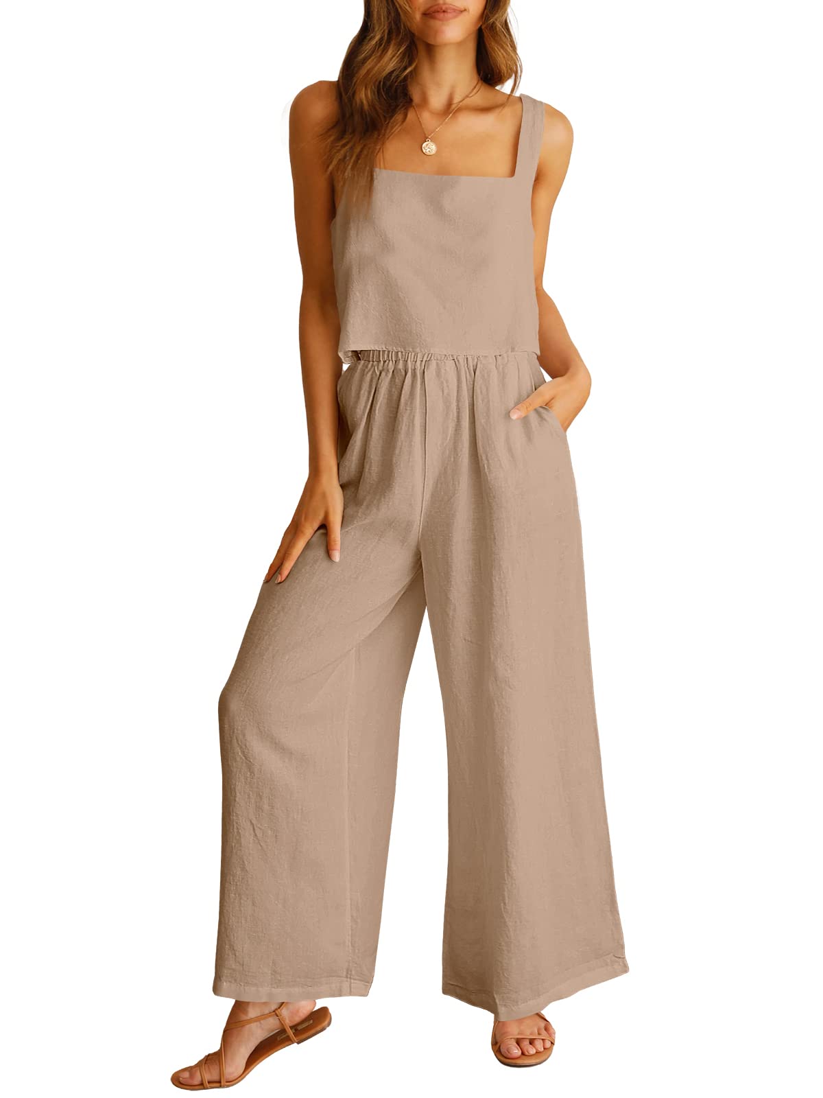 HOT SALE 🔥Women's 2 Piece Outfits Linen Tank Top Wide Leg Pants Lounge Set (BUY 2 FREE SHIPPING)