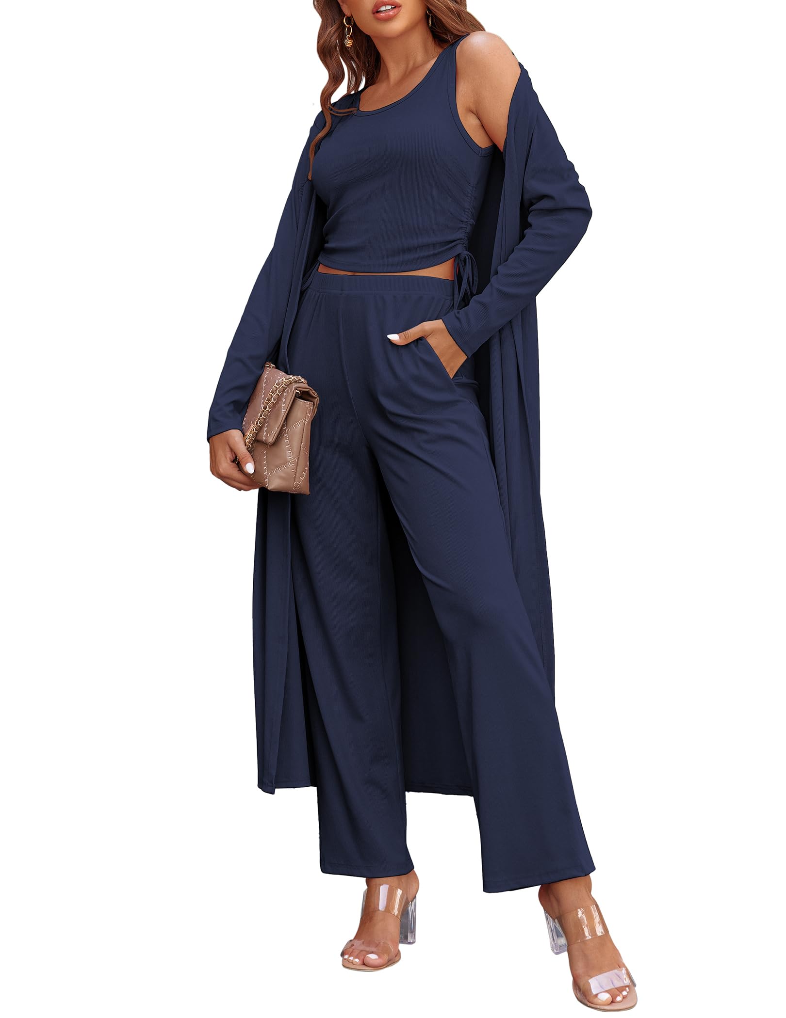 Women's 3 Piece Knit Lounge Set Pajama Long Sleeve Cardigan Sleeveless Top Pants Sweatsuit(Last day 50% OFF!!!)