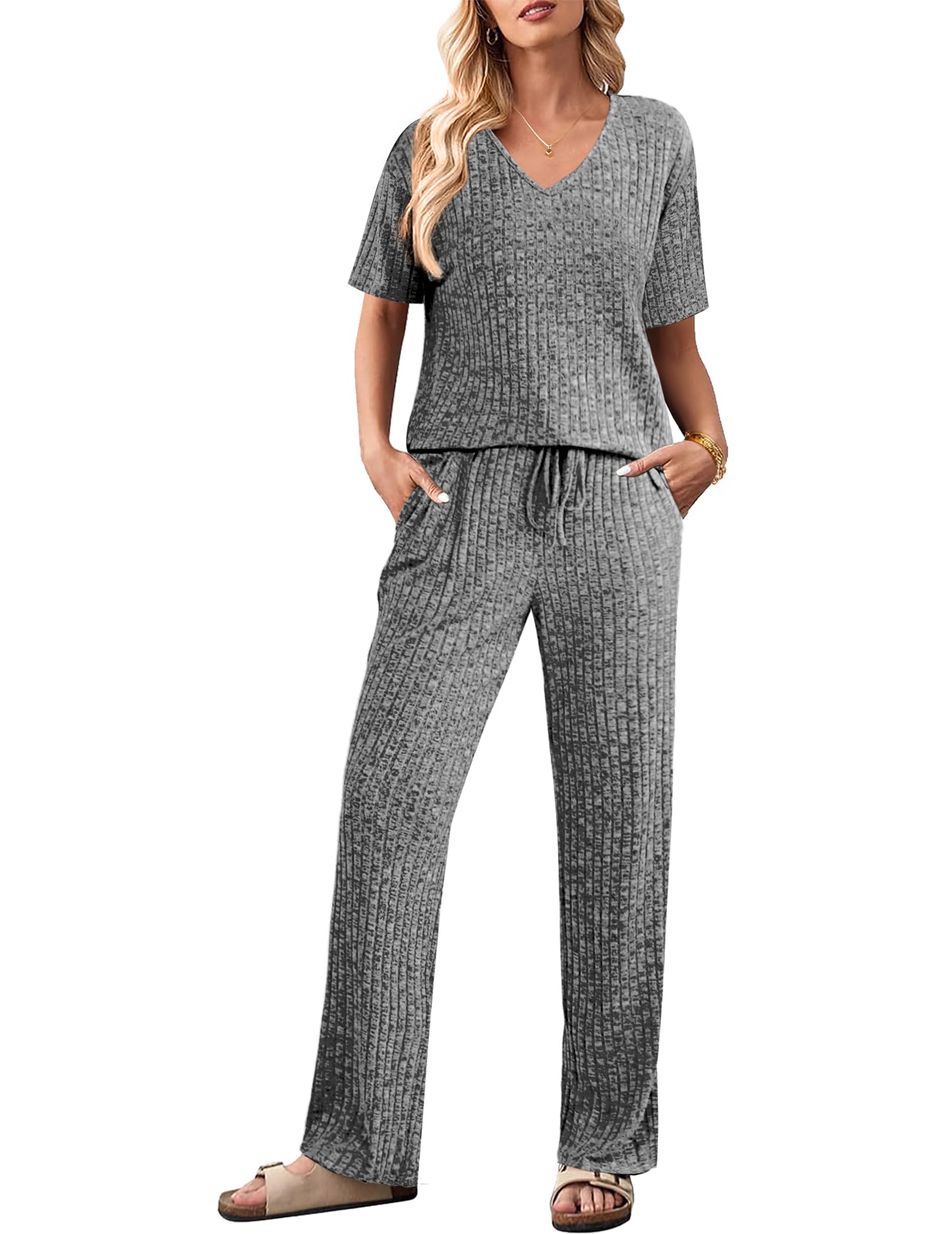 🔥Christmas hot🔥Women's Short Sleeve Ribbed Knit Lounge Set(Last day 50% OFF!!!)