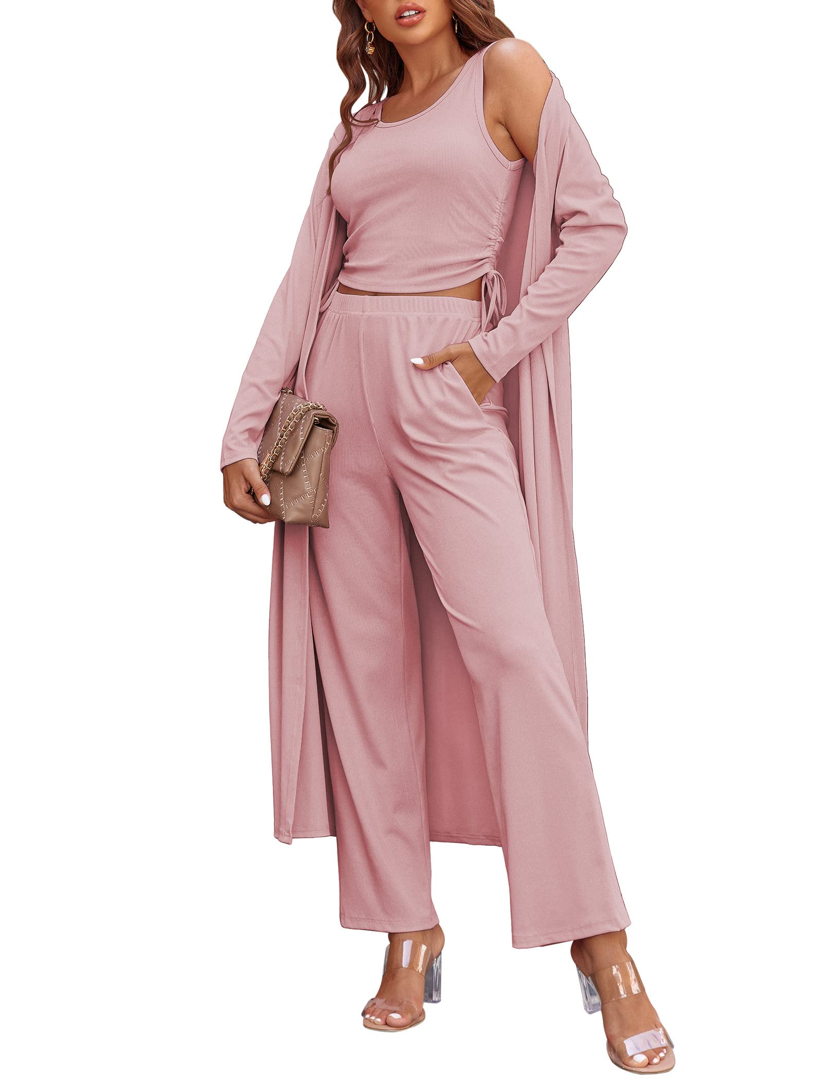 Women's 3 Piece Knit Lounge Set Pajama Long Sleeve Cardigan Sleeveless Top Pants Sweatsuit(Last day 50% OFF!!!)