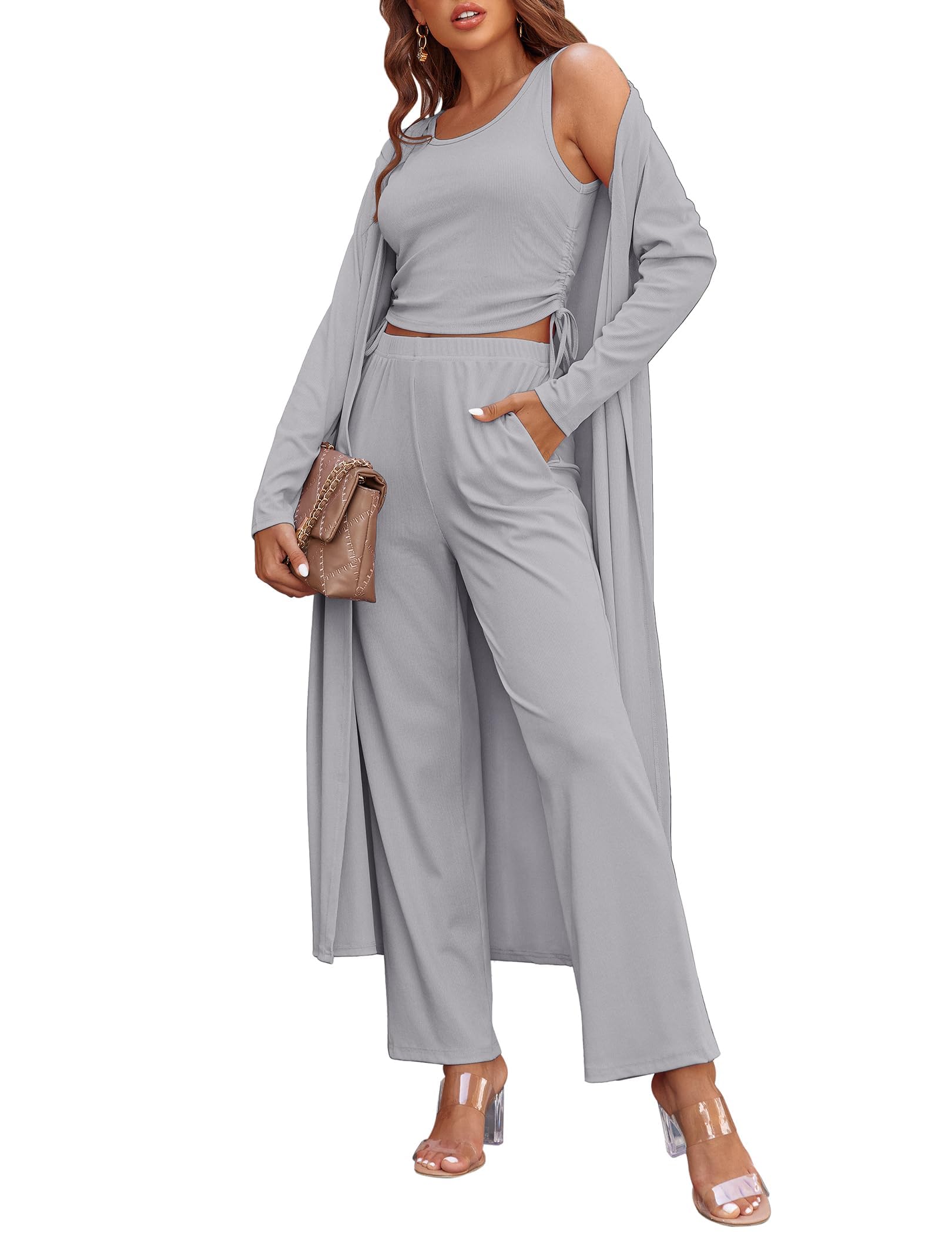 Women's 3 Piece Knit Lounge Set Pajama Long Sleeve Cardigan Sleeveless Top Pants Sweatsuit(Last day 50% OFF!!!)