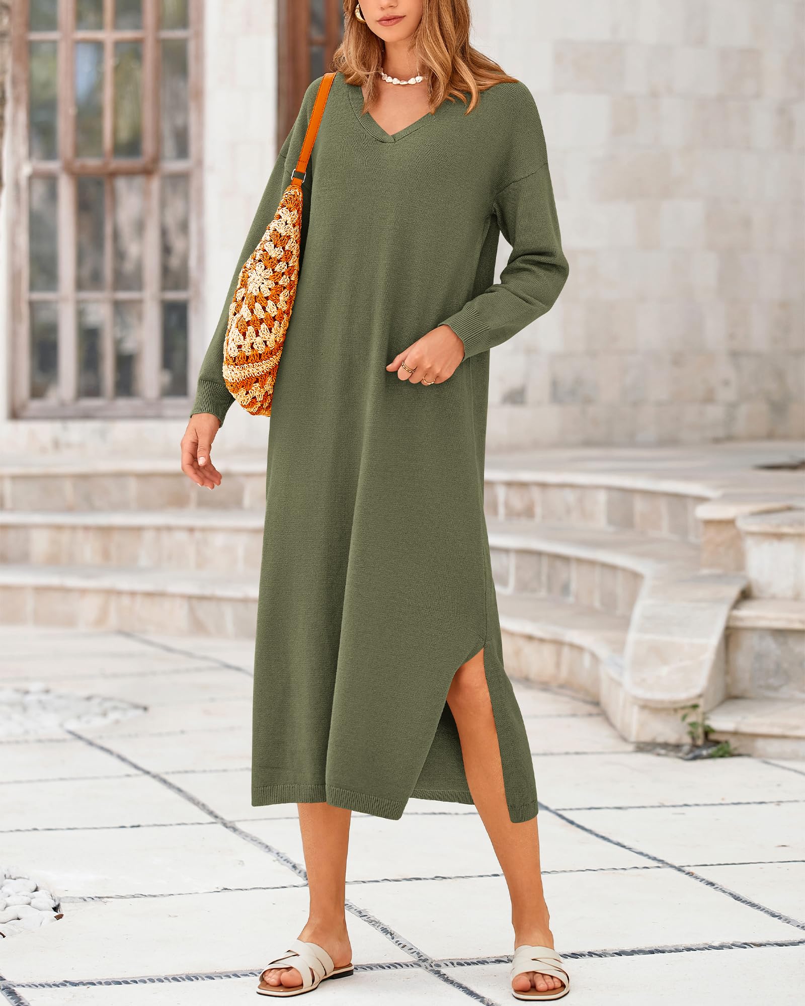 2024 New Women's Fall V Neck Long Sleeve Slit Knit Oversized Maxi Dress(buy 2 10% OFF)