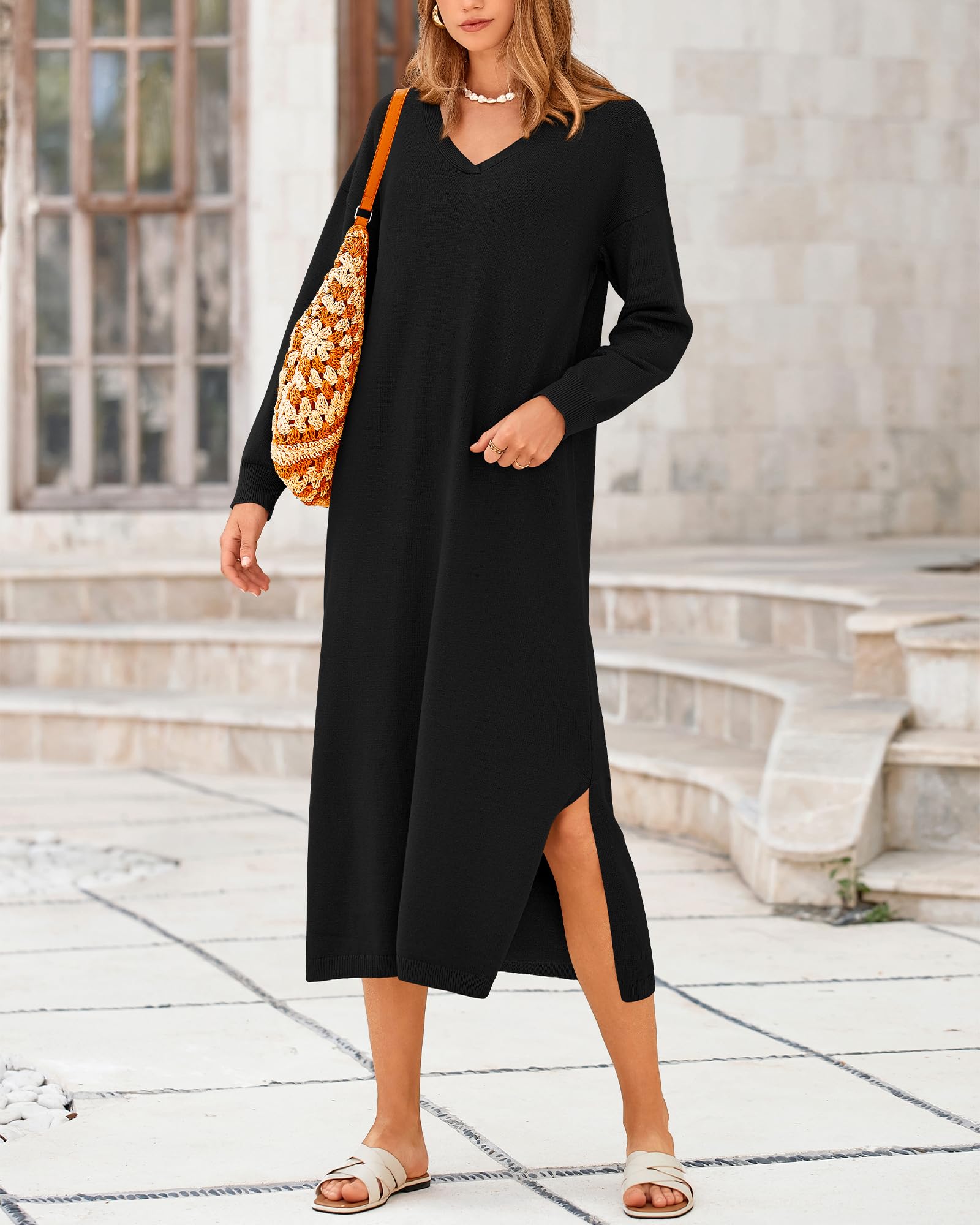 2024 New Women's Fall V Neck Long Sleeve Slit Knit Oversized Maxi Dress(buy 2 10% OFF)