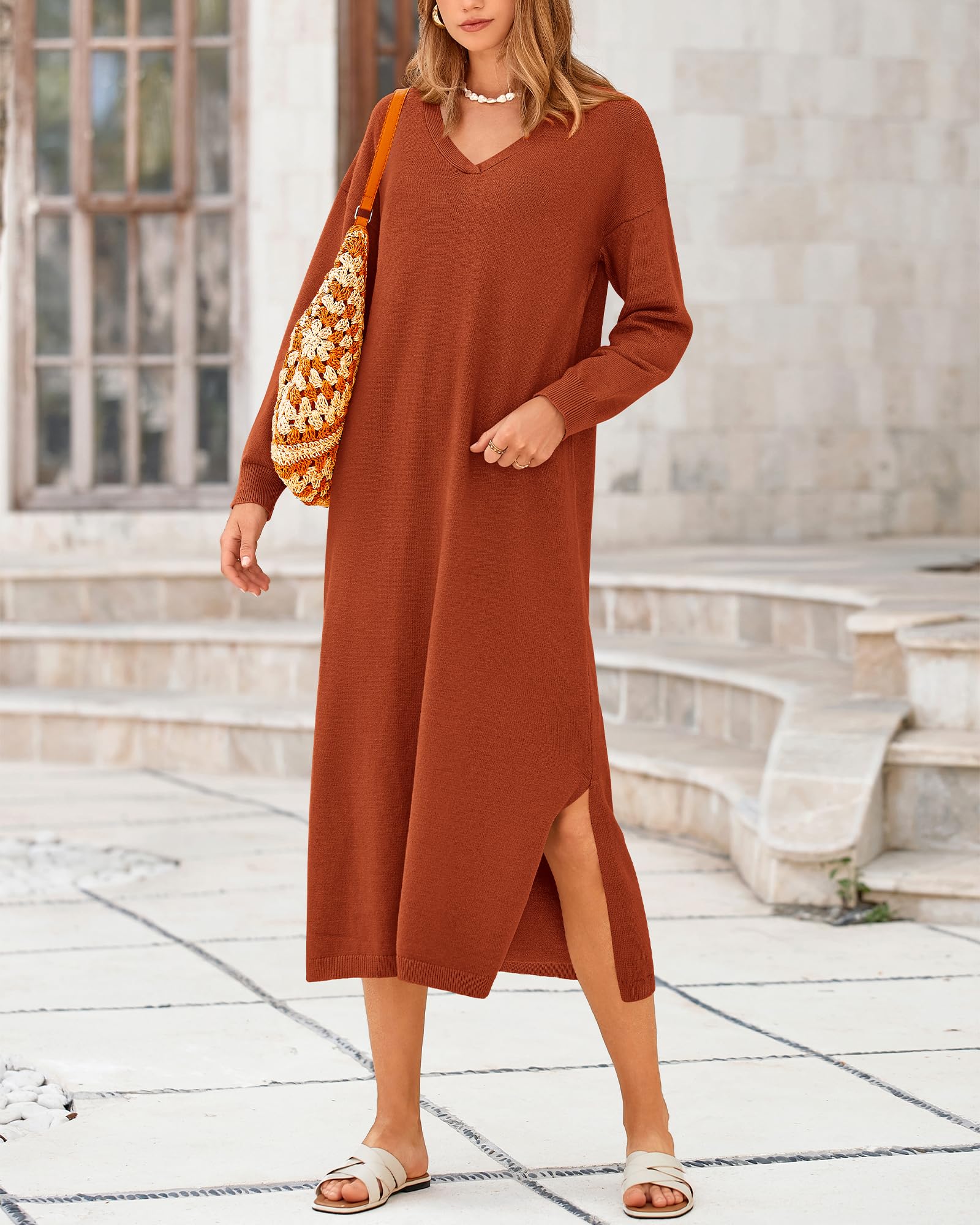 2024 New Women's Fall V Neck Long Sleeve Slit Knit Oversized Maxi Dress(buy 2 10% OFF)