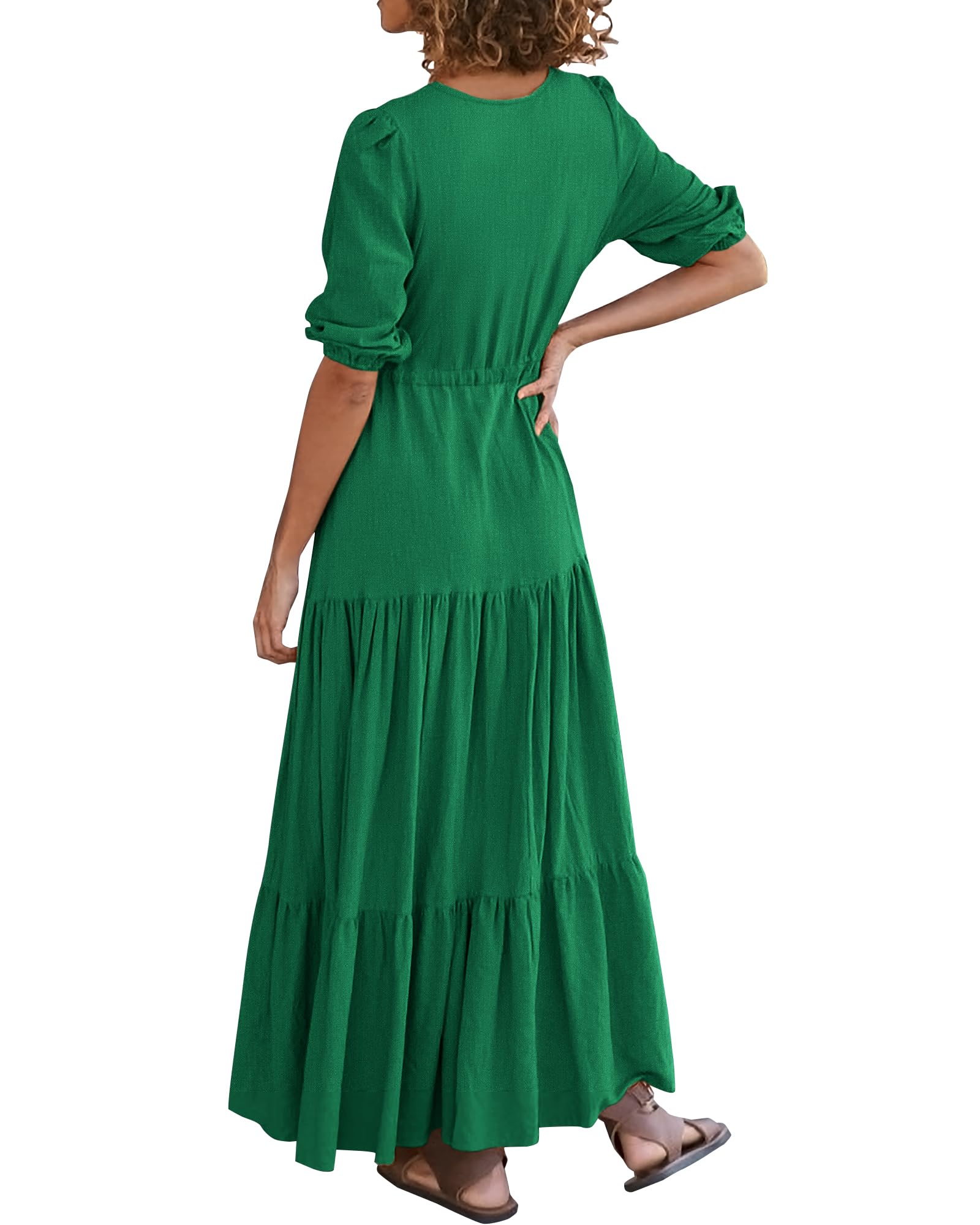 2024 Women's Short Sleeves V Neck Button Drawstring Boho Long Dresses（BUY 2 FREE SHIPPING）