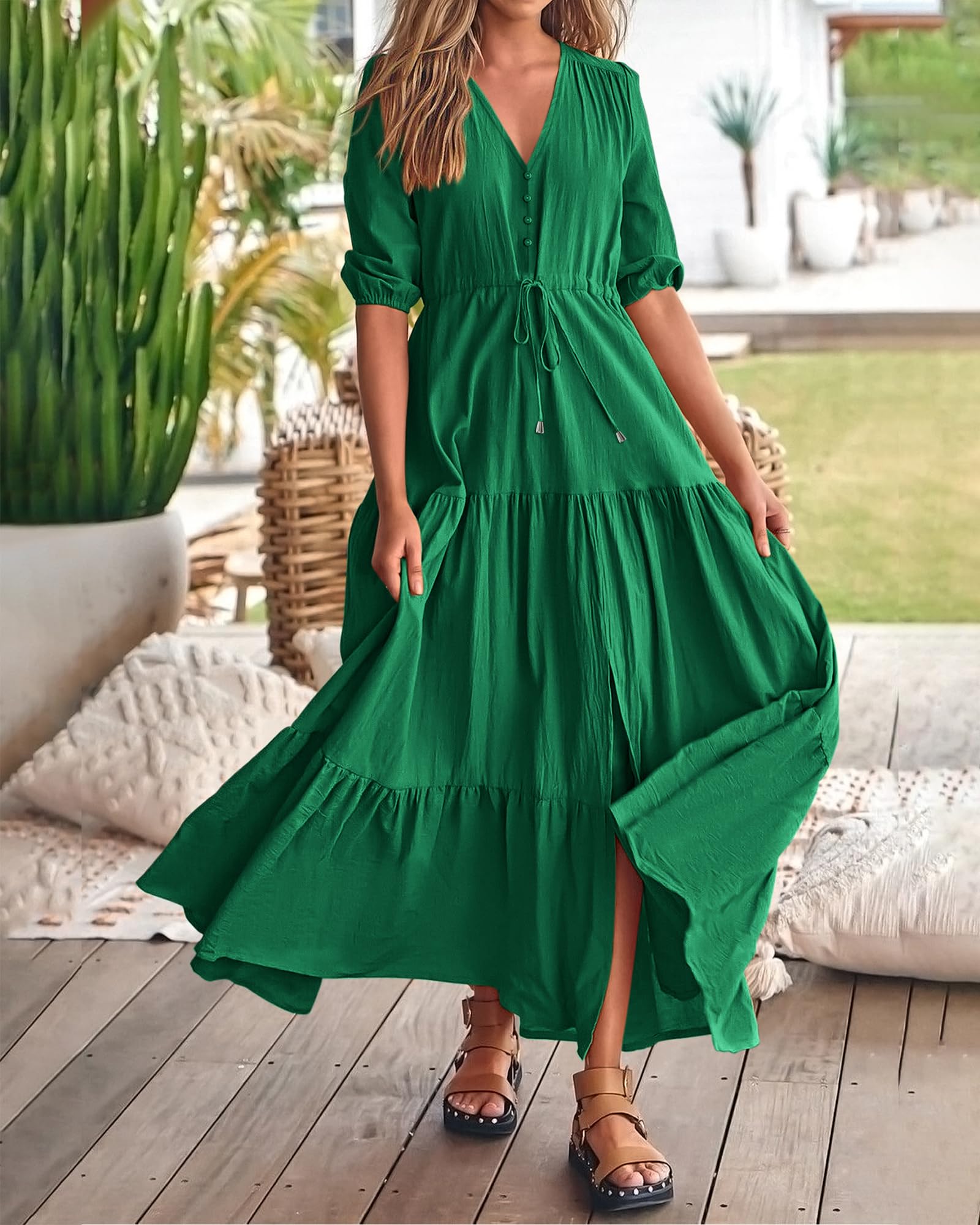 2024 Women's Short Sleeves V Neck Button Drawstring Boho Long Dresses（BUY 2 FREE SHIPPING）