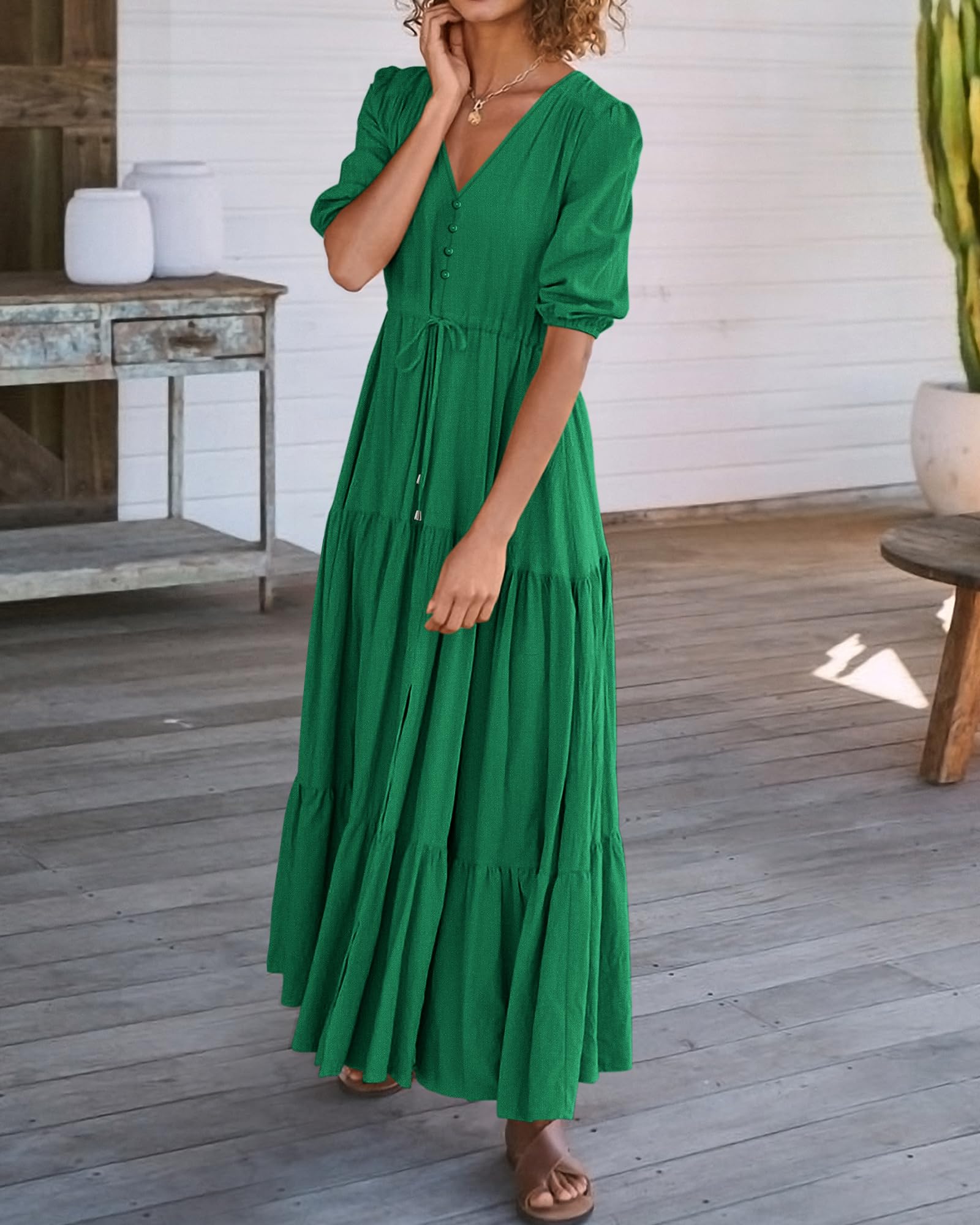 2024 Women's Short Sleeves V Neck Button Drawstring Boho Long Dresses（BUY 2 FREE SHIPPING）