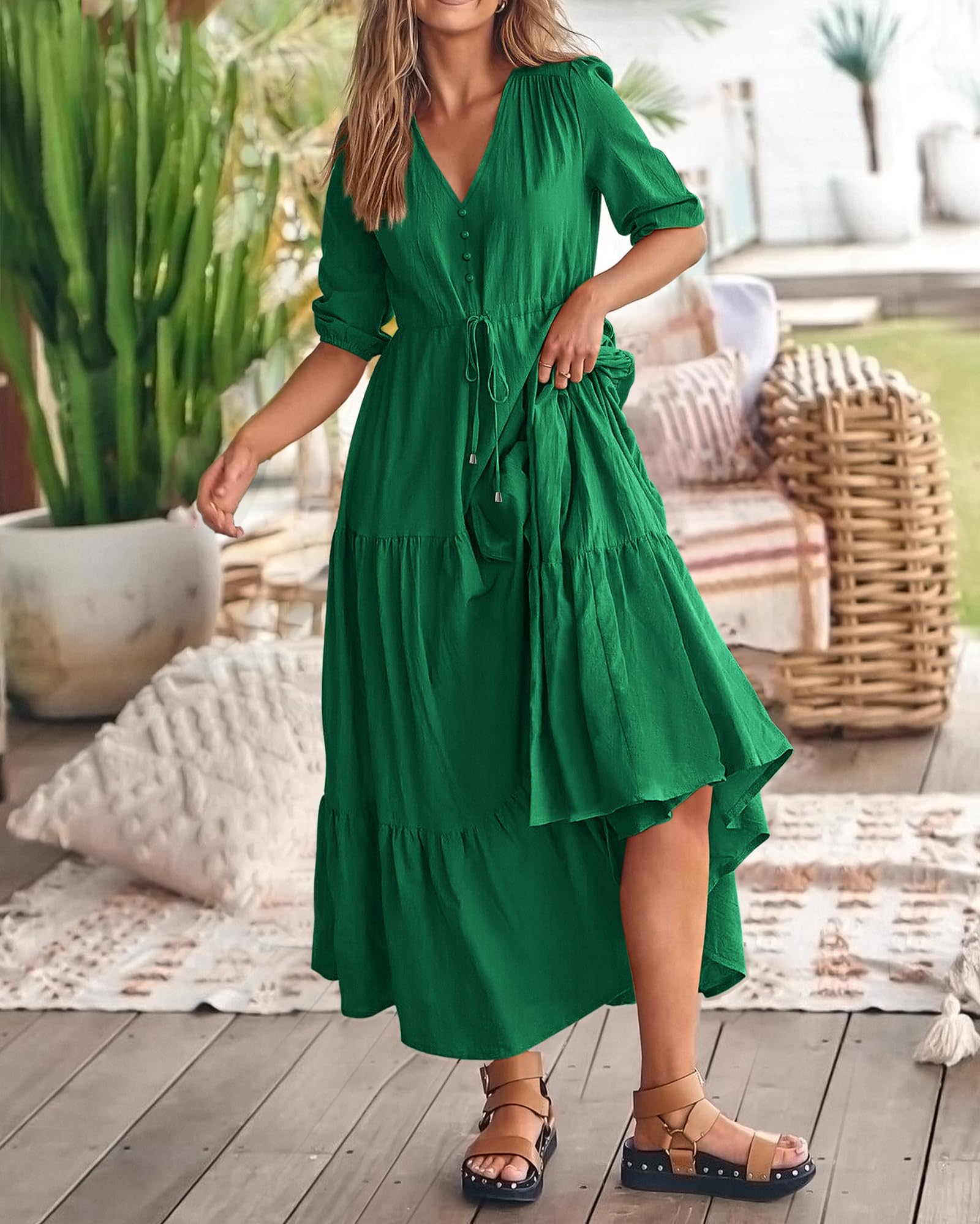 2024 Women's Short Sleeves V Neck Button Drawstring Boho Long Dresses（BUY 2 FREE SHIPPING）