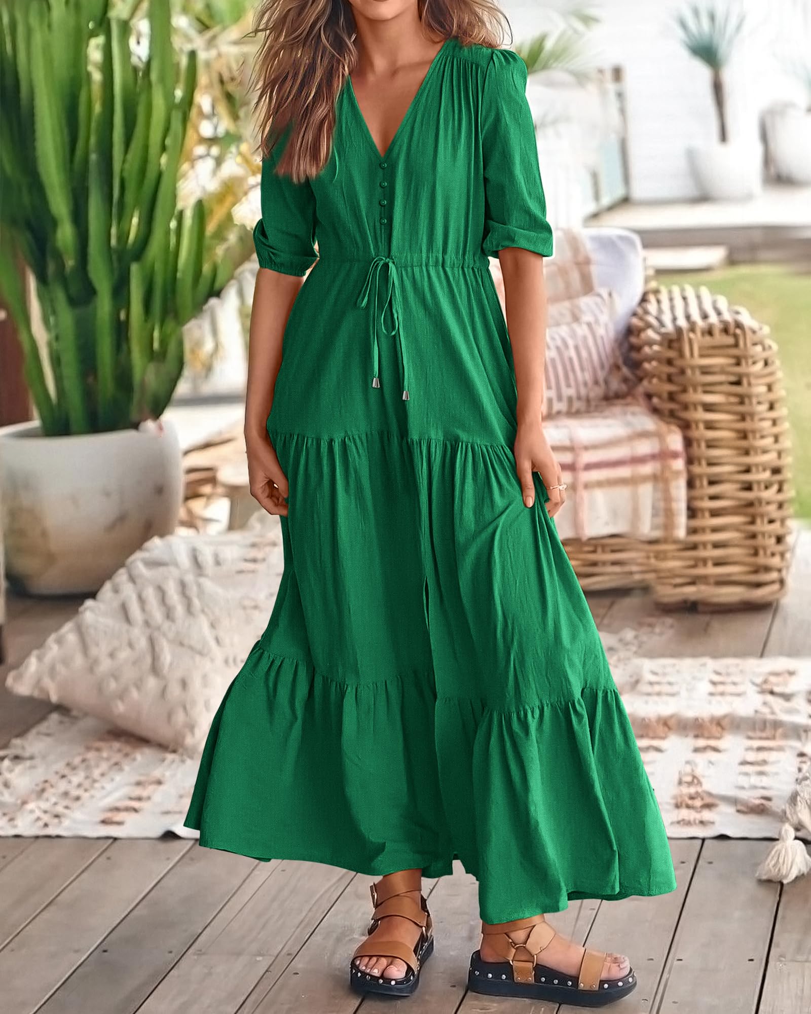 2024 Women's Short Sleeves V Neck Button Drawstring Boho Long Dresses（BUY 2 FREE SHIPPING）