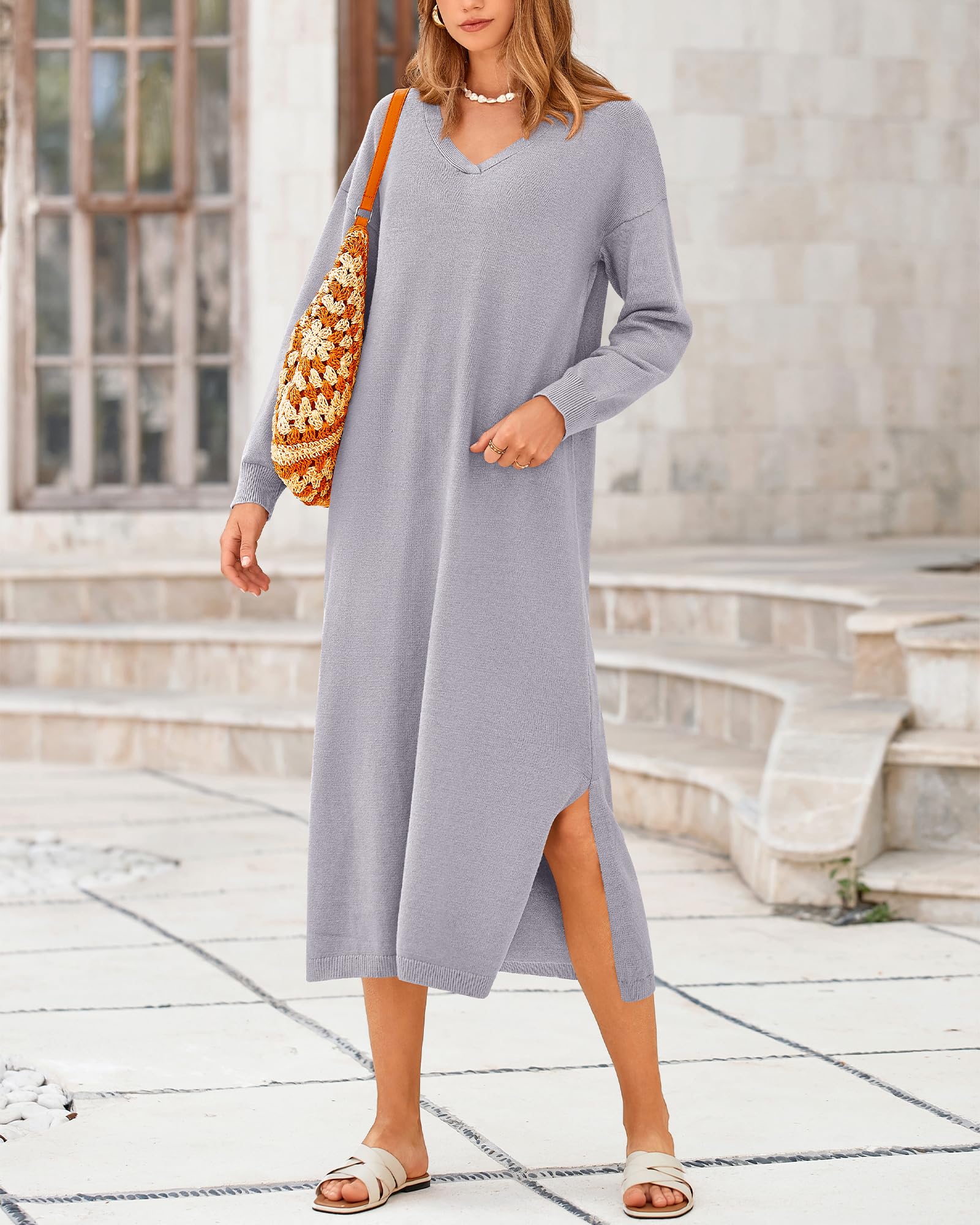 2024 New Women's Fall V Neck Long Sleeve Slit Knit Oversized Maxi Dress(buy 2 10% OFF)