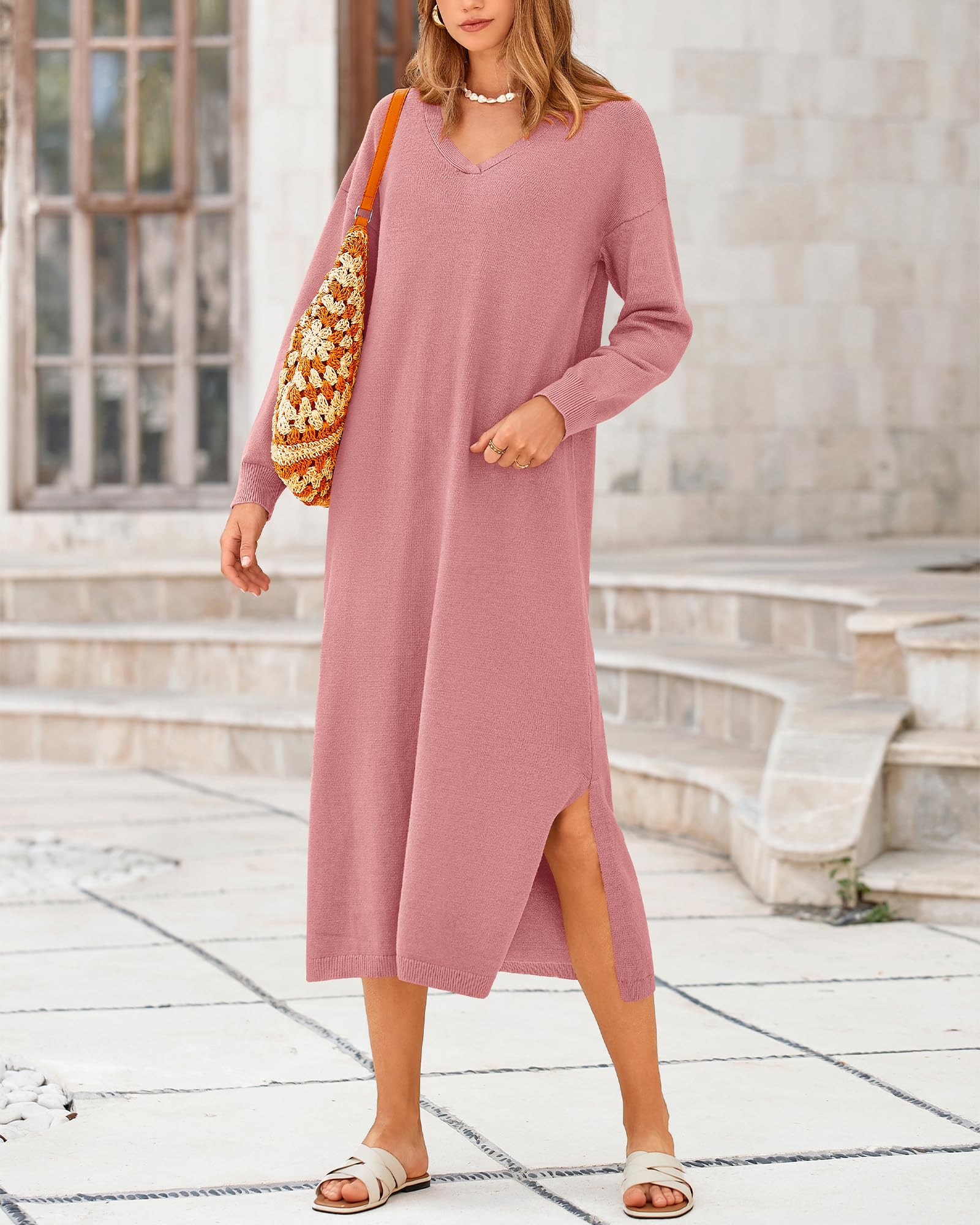 2024 New Women's Fall V Neck Long Sleeve Slit Knit Oversized Maxi Dress(buy 2 10% OFF)